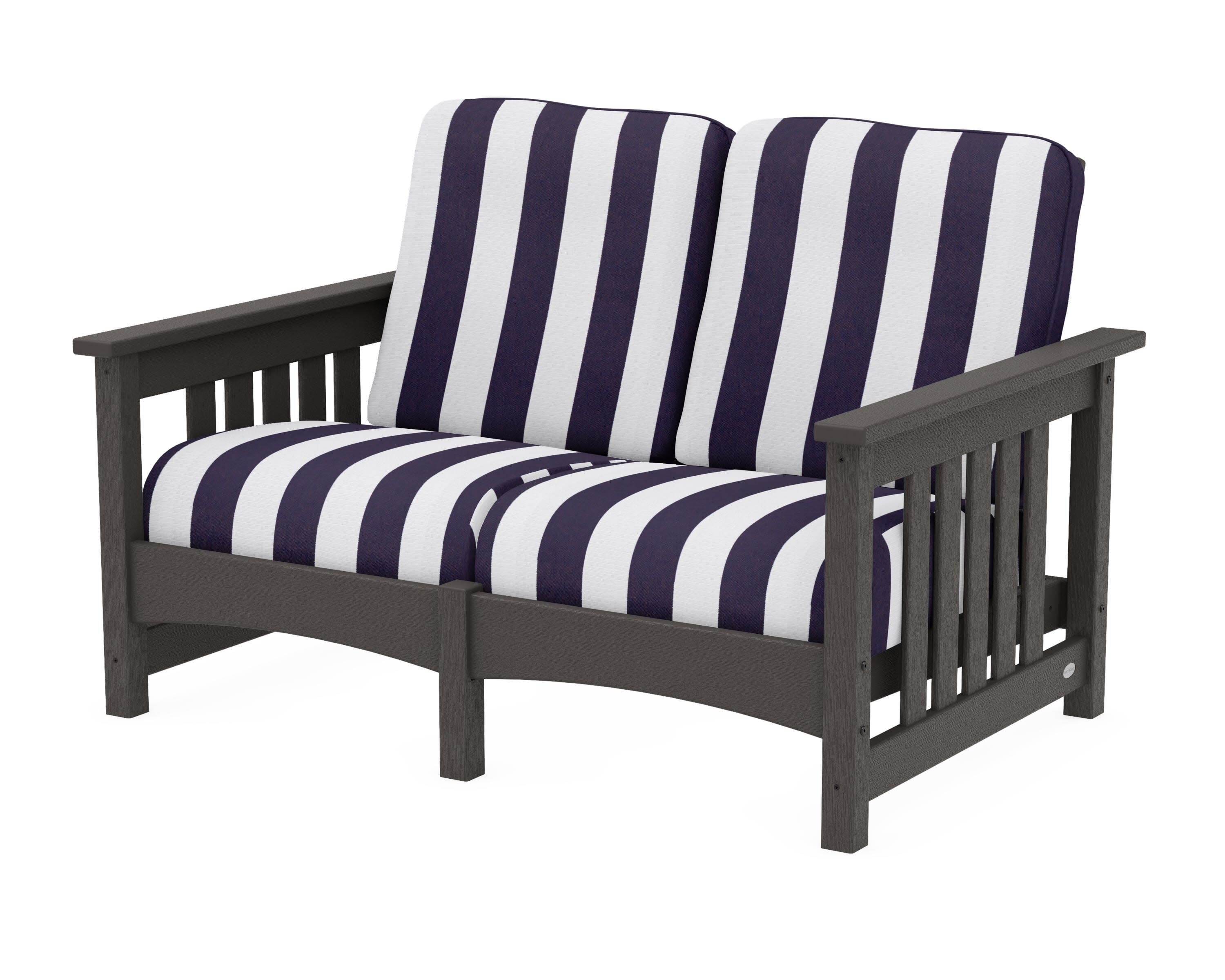 Club Mission Loveseat in Vintage Coffee / Cabana Stripe Navy
