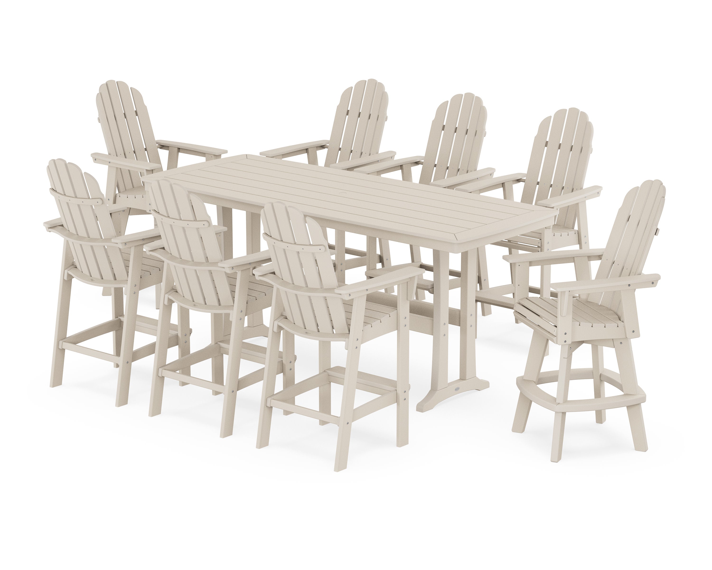 Vineyard Curveback Adirondack Swivel 9-Piece Bar Set with Trestle Legs in Sand