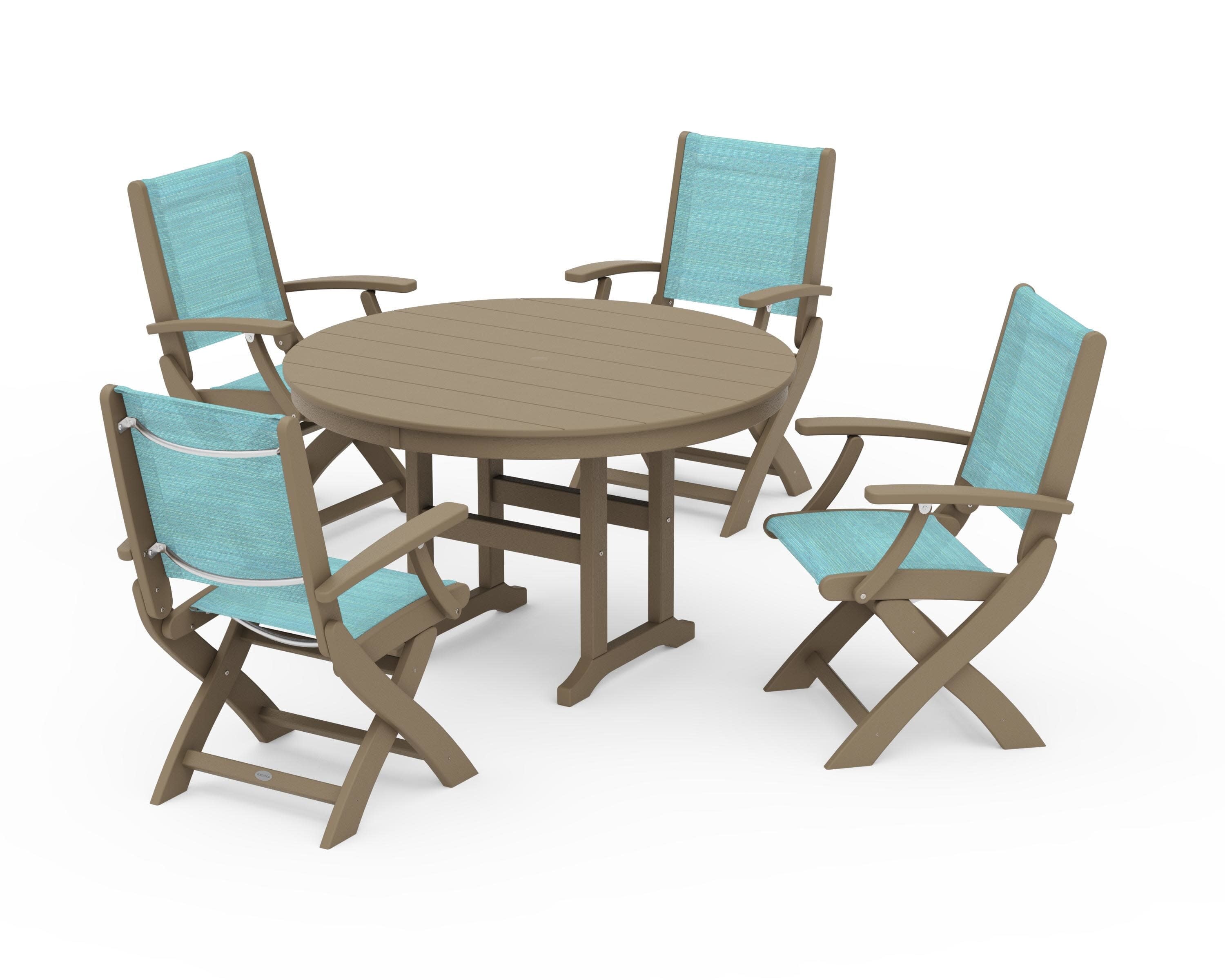 Coastal Folding Chair 5-Piece Round Dining Set in Vintage Sahara / Dupioni Aquamarine Sling