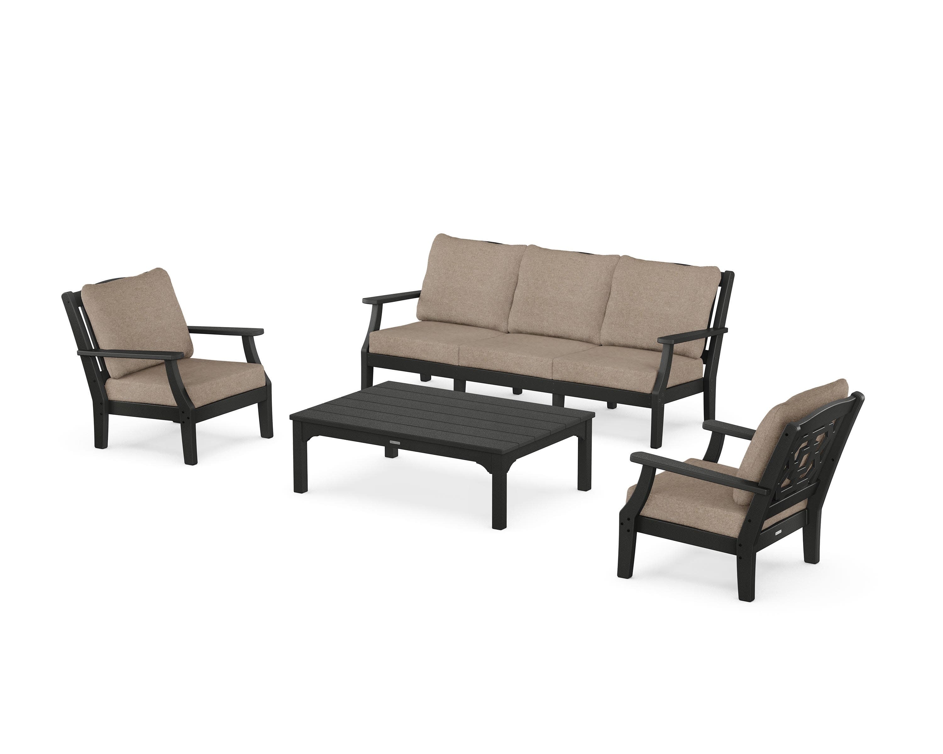 Chinoiserie 4-Piece Deep Seating Set with Sofa in Black / Spiced Burlap