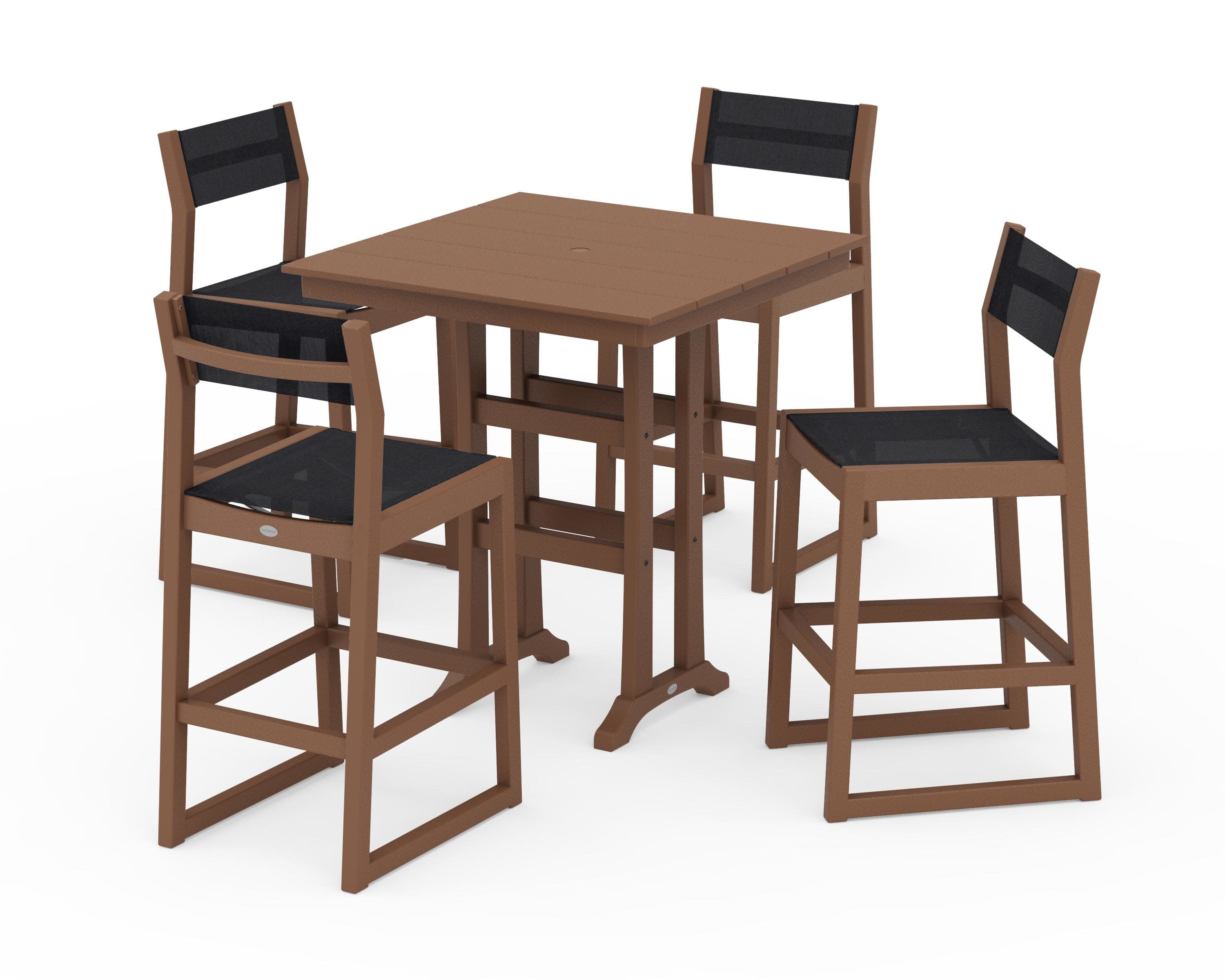 EDGE Sling Arm Chair 5-Piece Farmhouse Bar Set with Trestle Legs in Teak / Black Sling