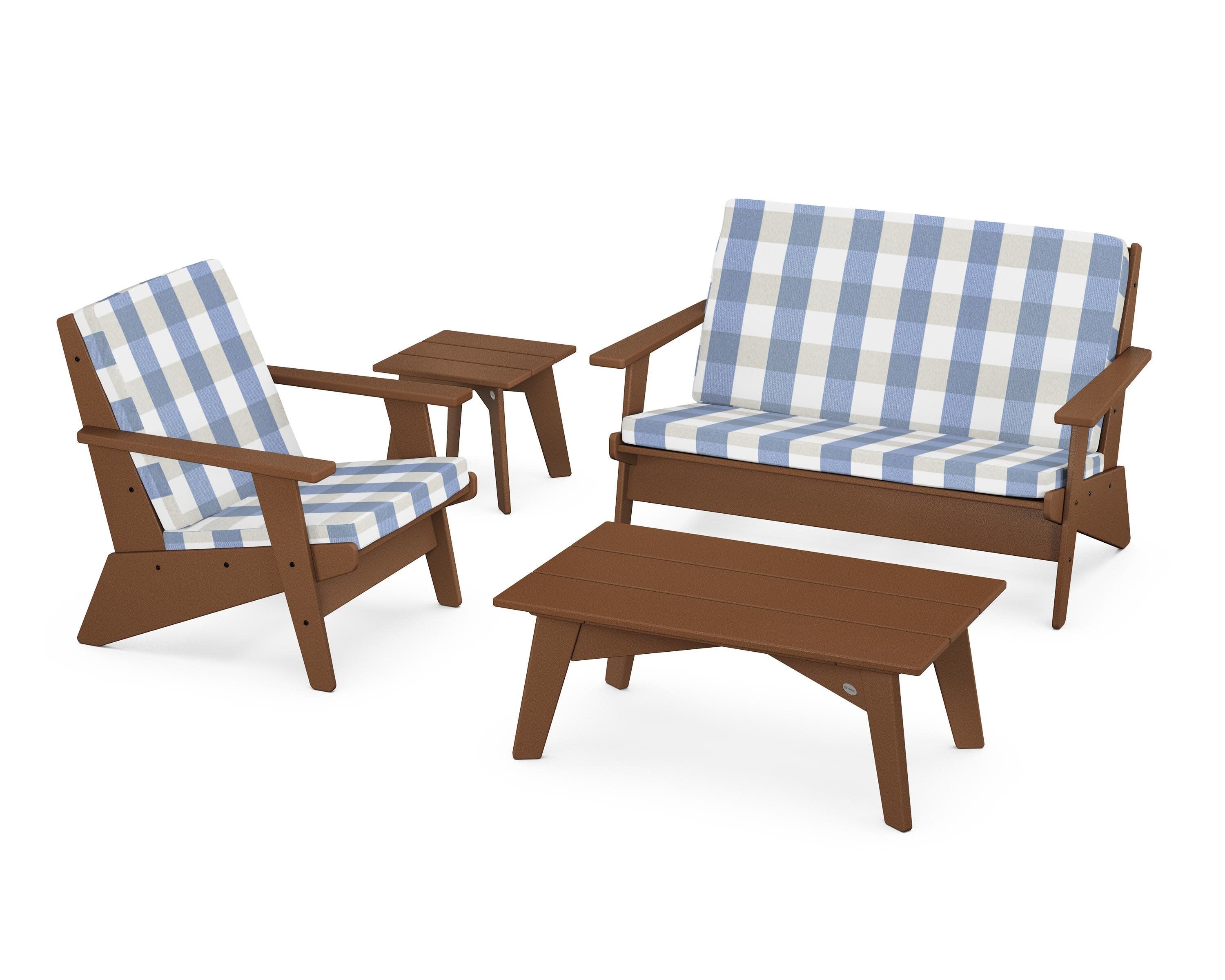 Riviera Modern Lounge 4-Piece Set in Teak / Buffalo Plaid Sky Blue