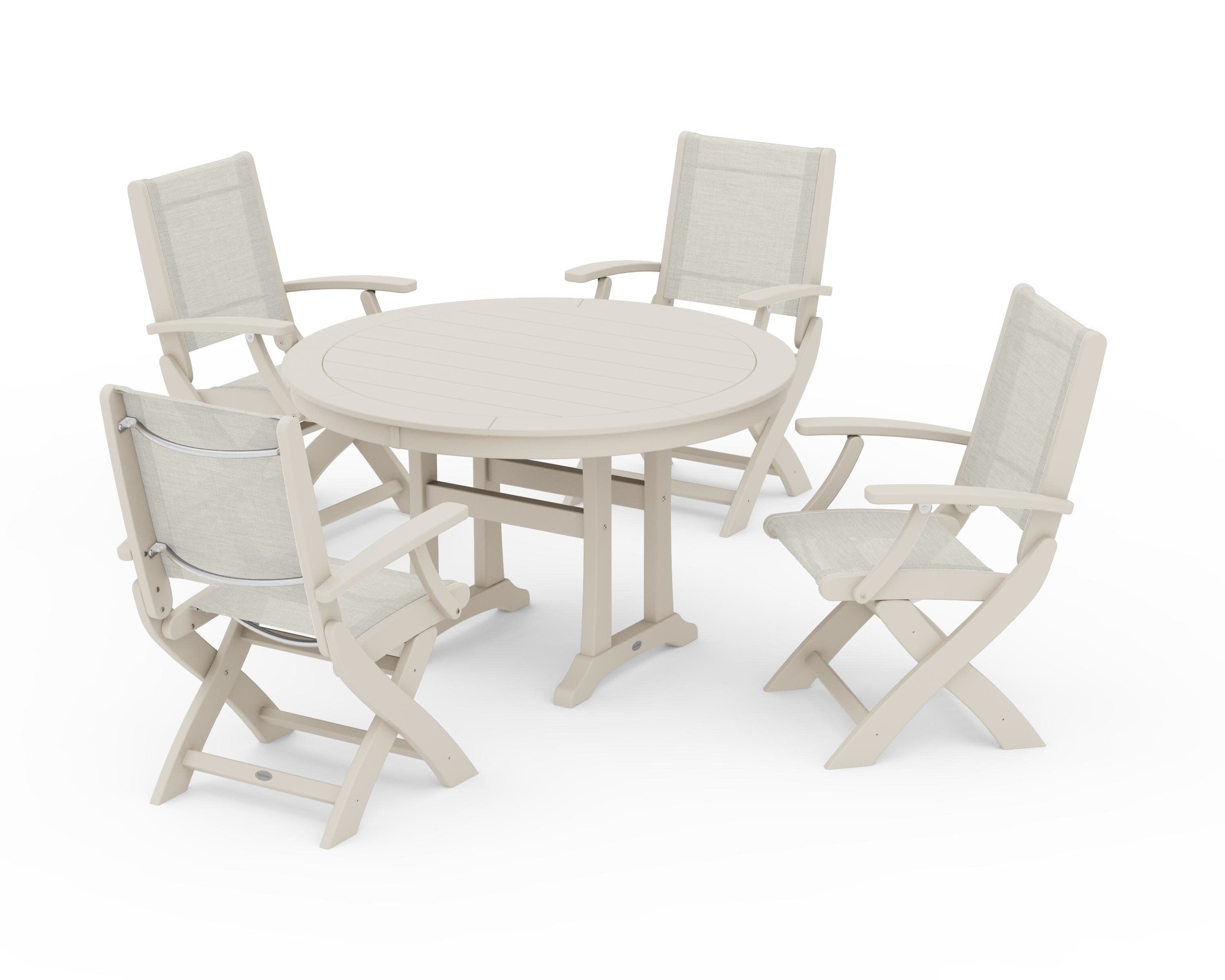 Coastal Folding Chair 5-Piece Round Dining Set with Trestle Legs in Sand / Parchment Sling