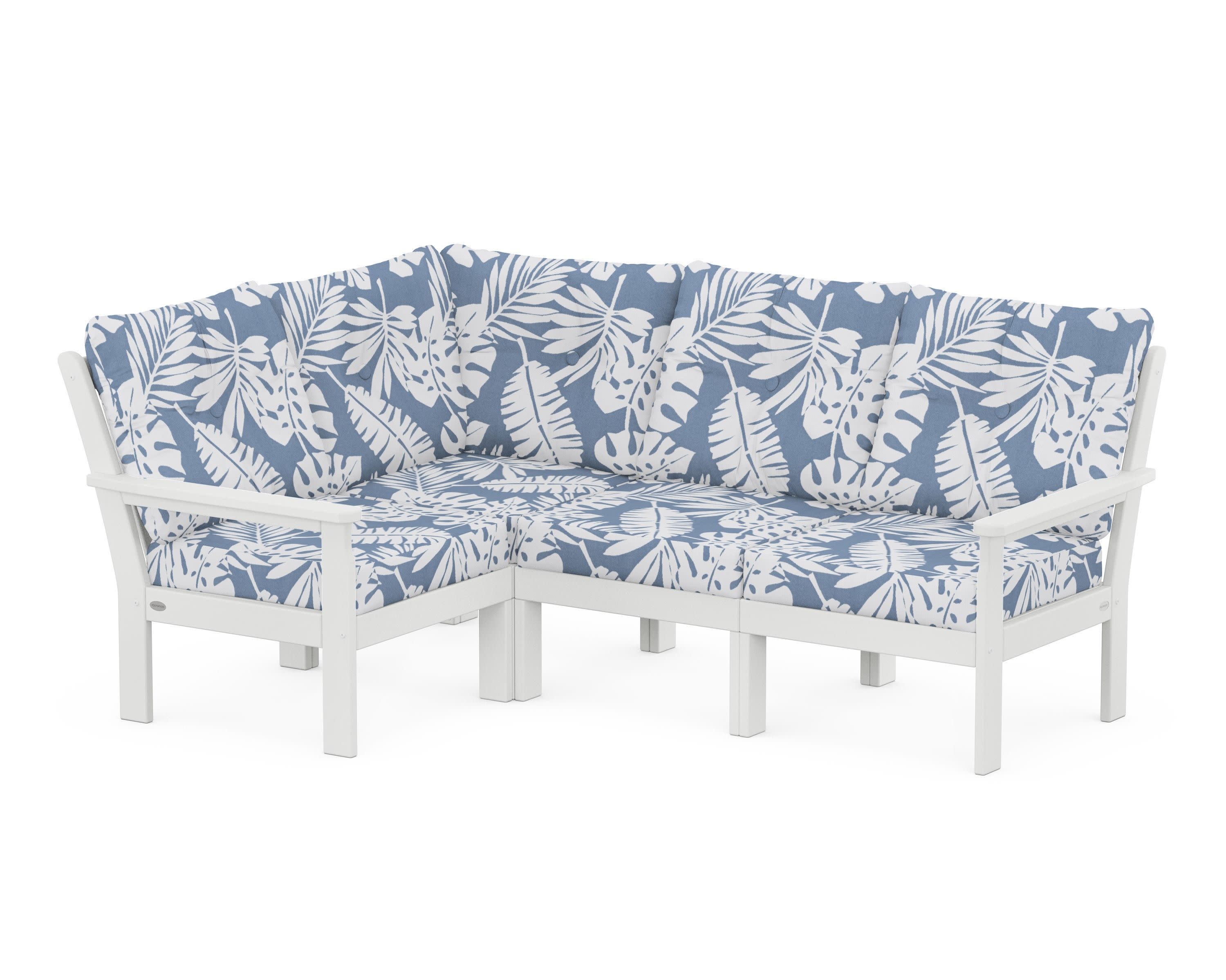Vineyard 4-Piece Sectional in White / Leaf Sky Blue