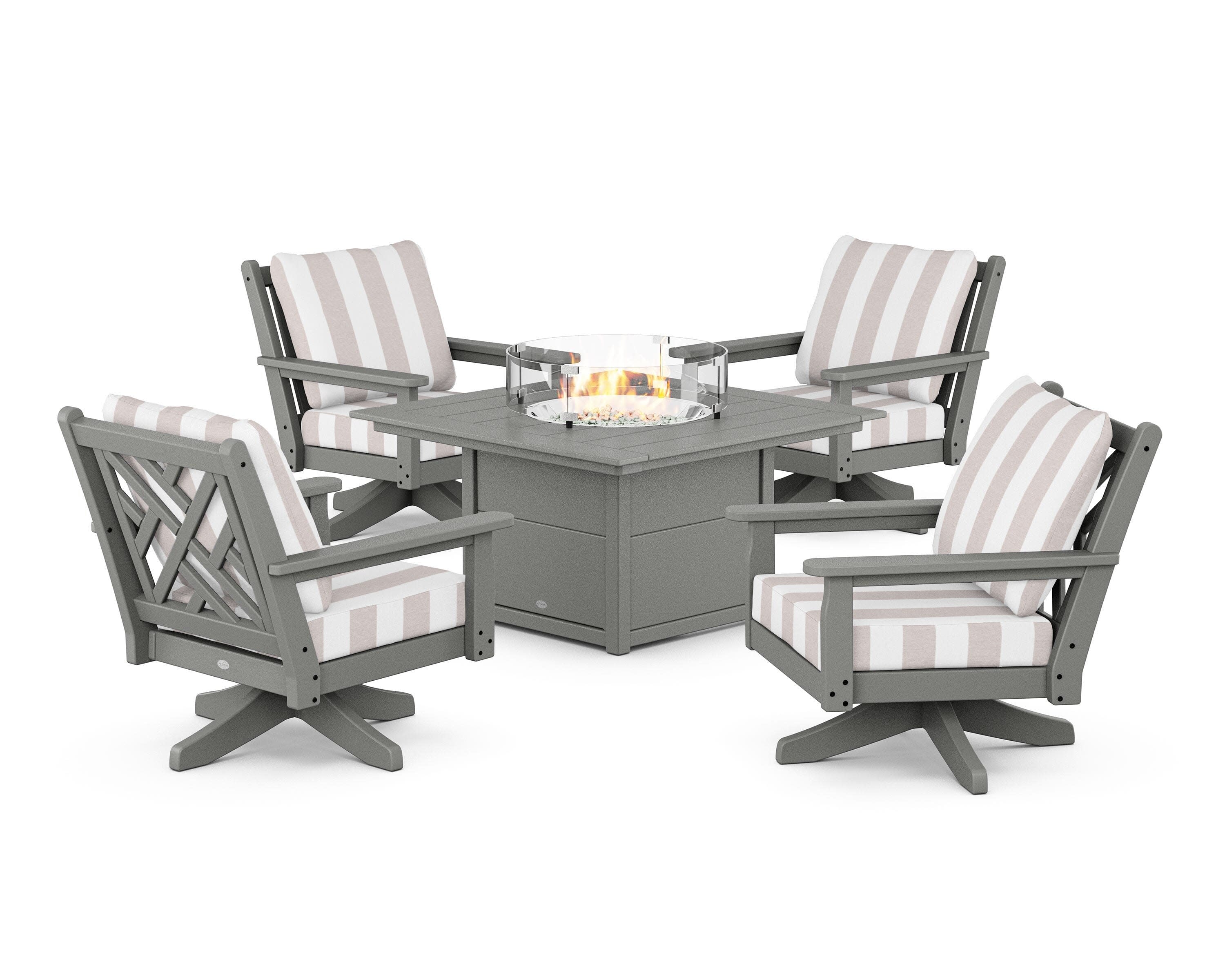 Chippendale 5-Piece Deep Seating Swivel Conversation Set with Fire Pit Table in Slate Grey / Cabana Stripe Dune Burlap