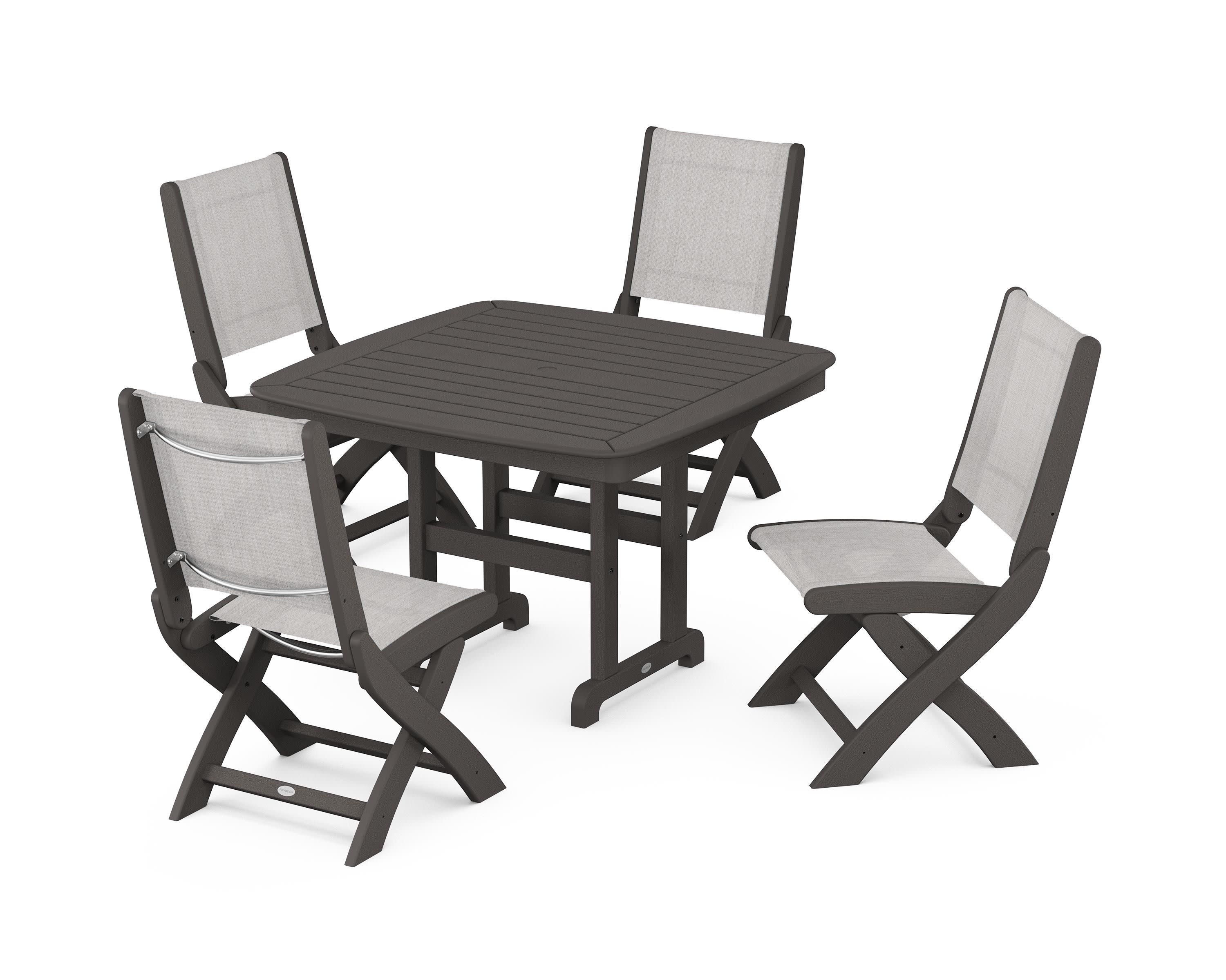 Coastal Folding Side Chair 5-Piece Dining Set in Vintage Coffee / Parchment Sling