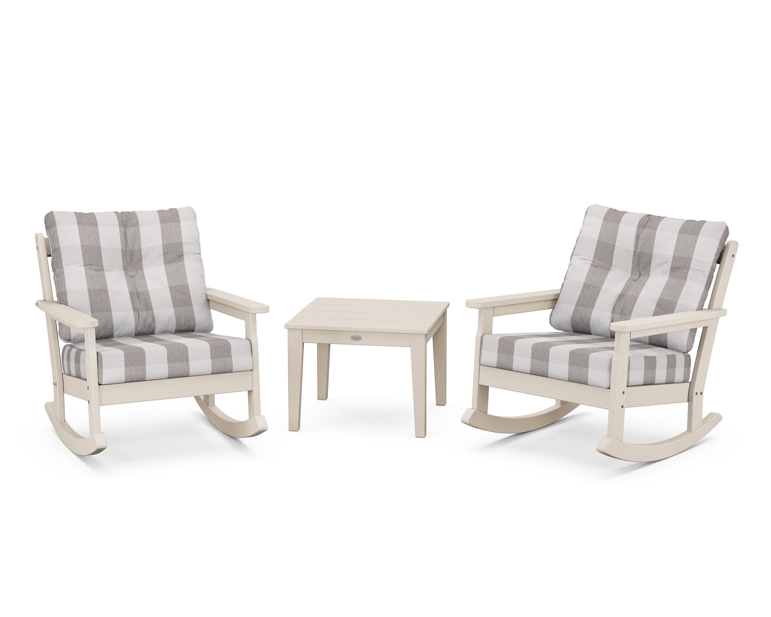Vineyard 3-Piece Deep Seating Rocker Set in Sand / Buffalo Plaid Grey Mist