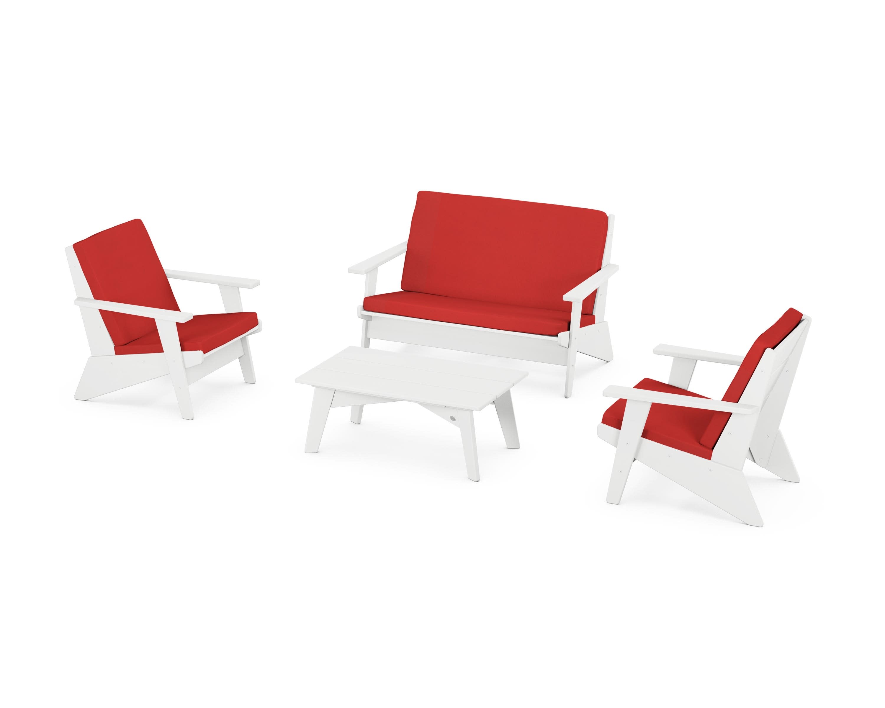 Riviera Modern Lounge 4-Piece Set in White / Crimson Linen