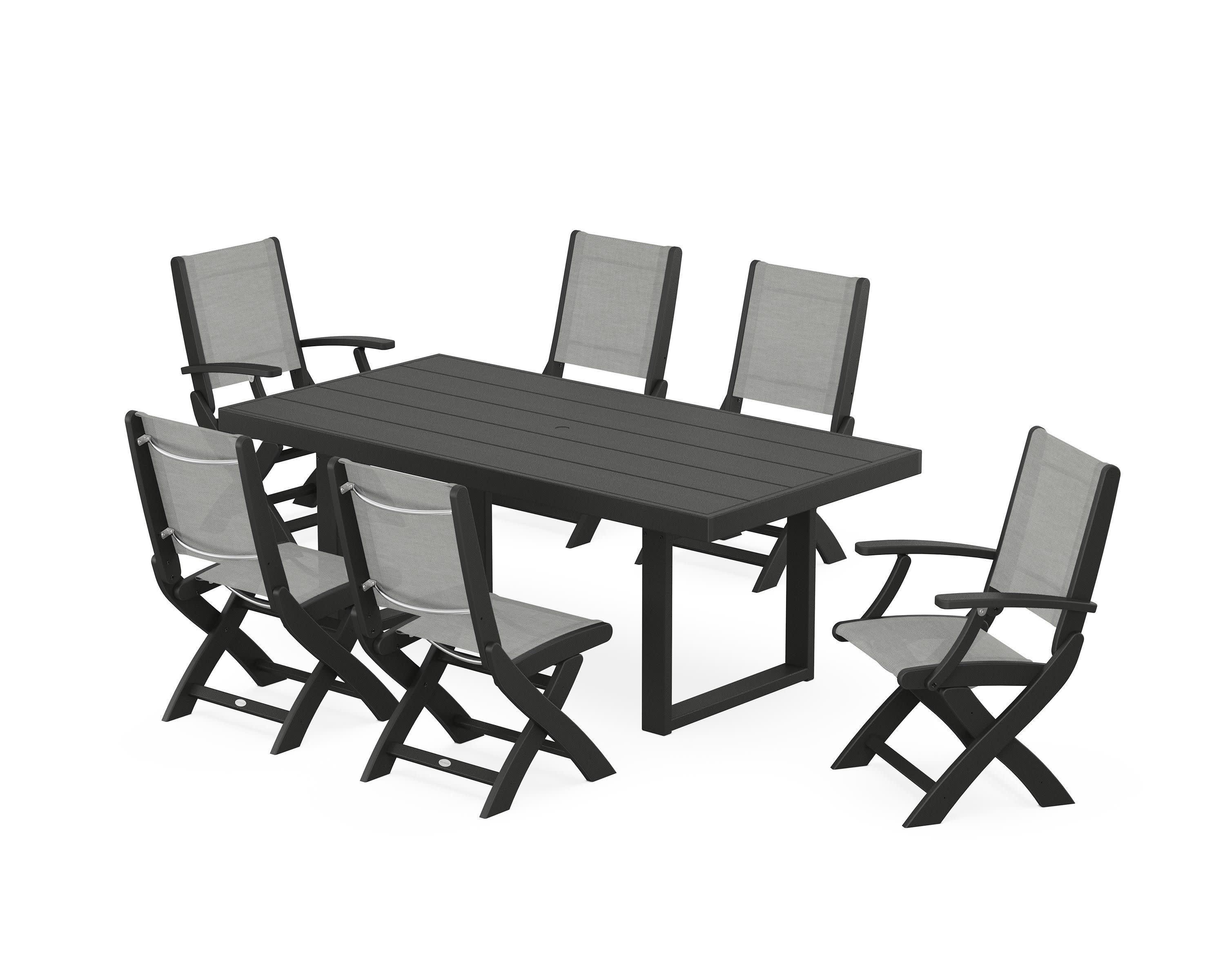 Coastal Folding Chair 7-Piece Dining Set with Trestle Legs in Black / Metallic Sling