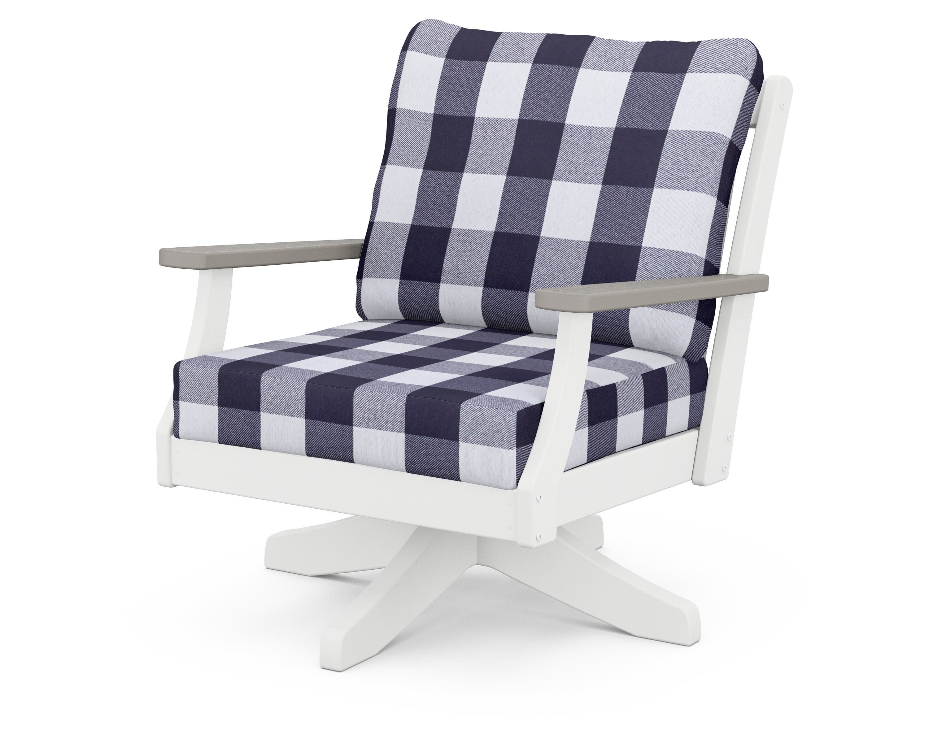 Braxton Deep Seating Swivel Chair in White / Driftwood / Buffalo Plaid Navy