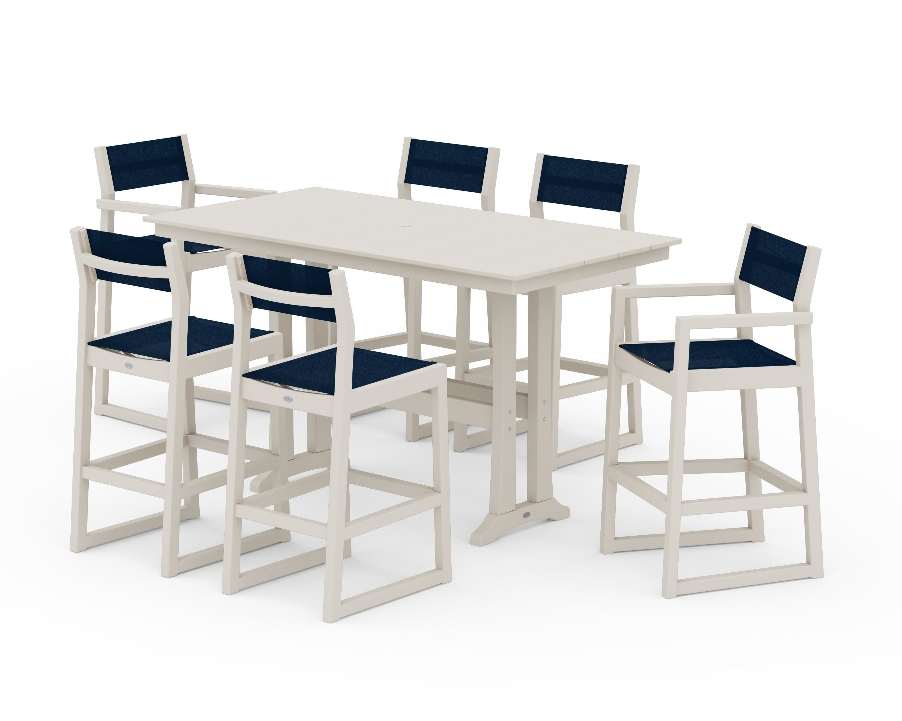 EDGE Sling 7-Piece Farmhouse Bar Set with Trestle Legs in Sand / Navy Blue Sling