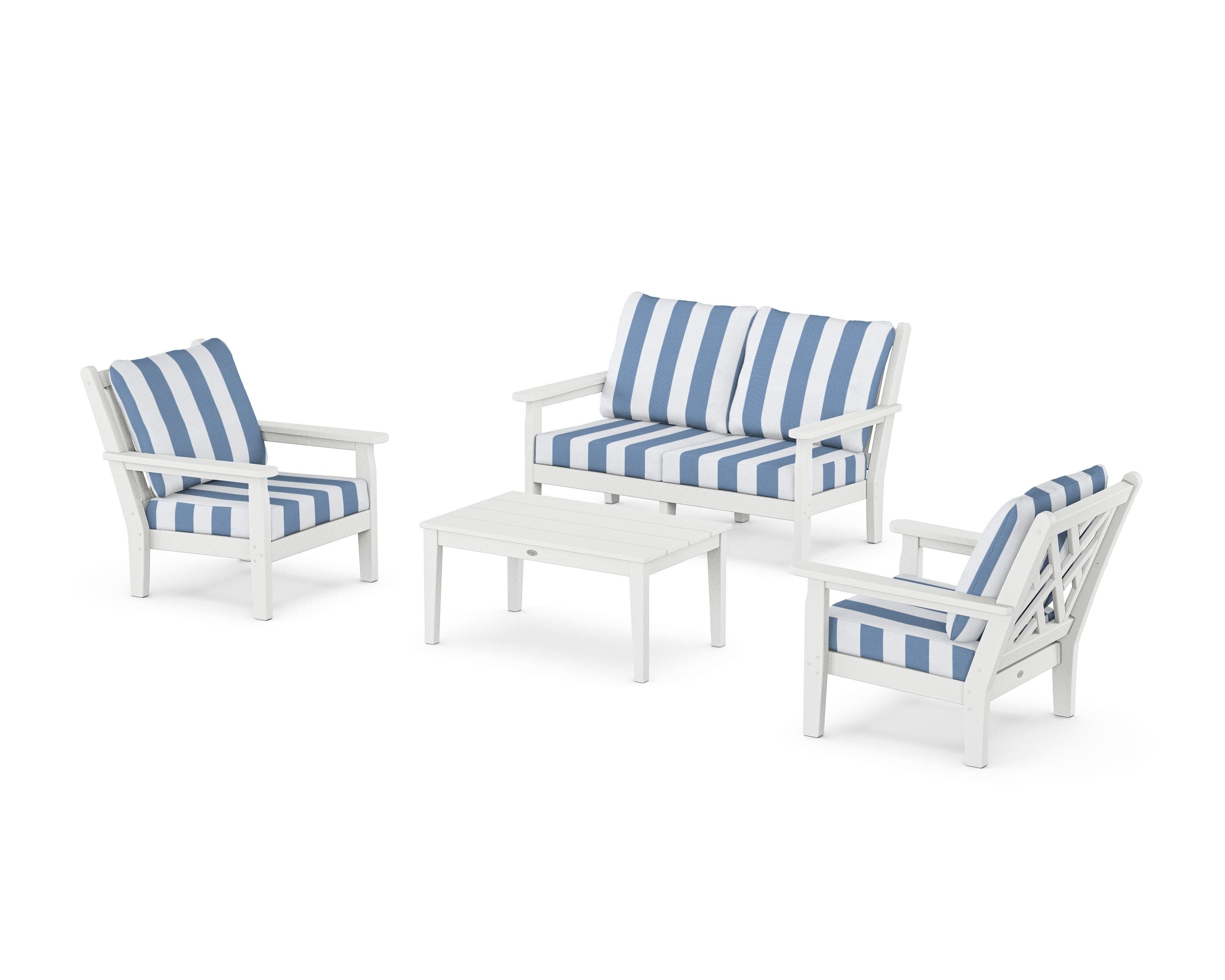 Chippendale 4-Piece Deep Seating Set with Loveseat in White / Cabana Stripe Sky Blue