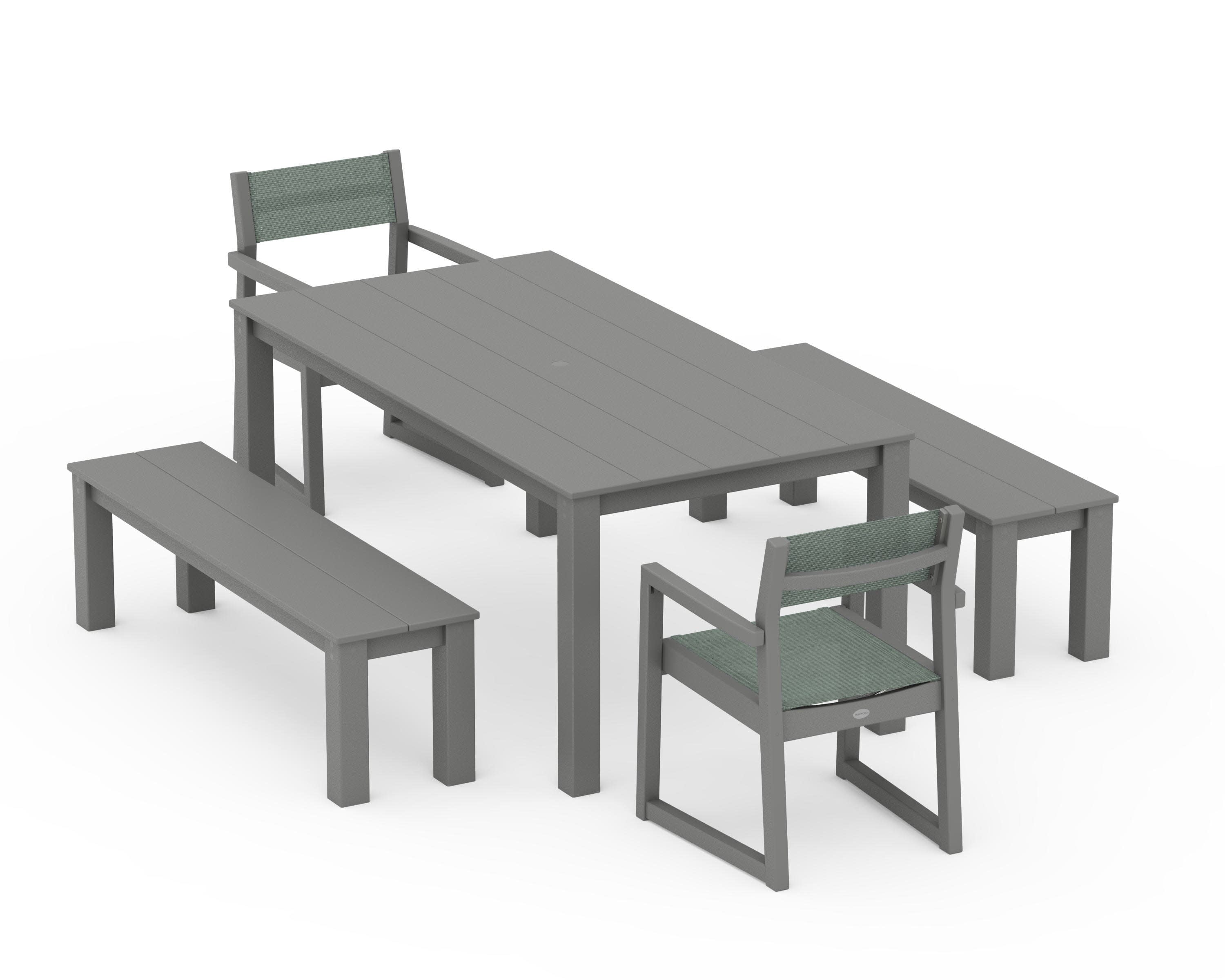 EDGE Sling Arm Chair 5-Piece Parsons Dining Set with Benches in Slate Grey / Dupioni Sea Mist Sling