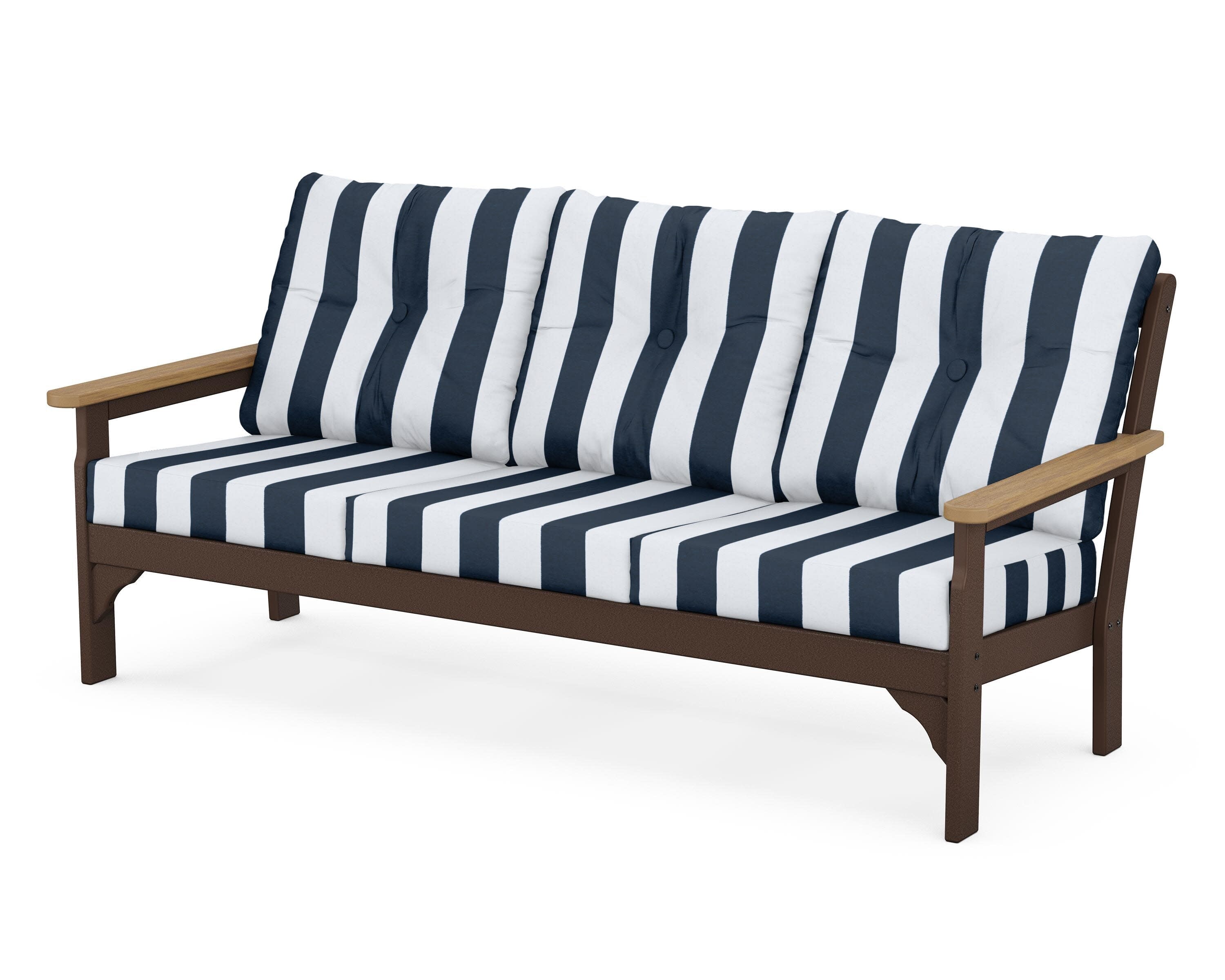 Vineyard Deep Seating Sofa in Mahogany / Natural / Cabana Stripe Marine Indigo