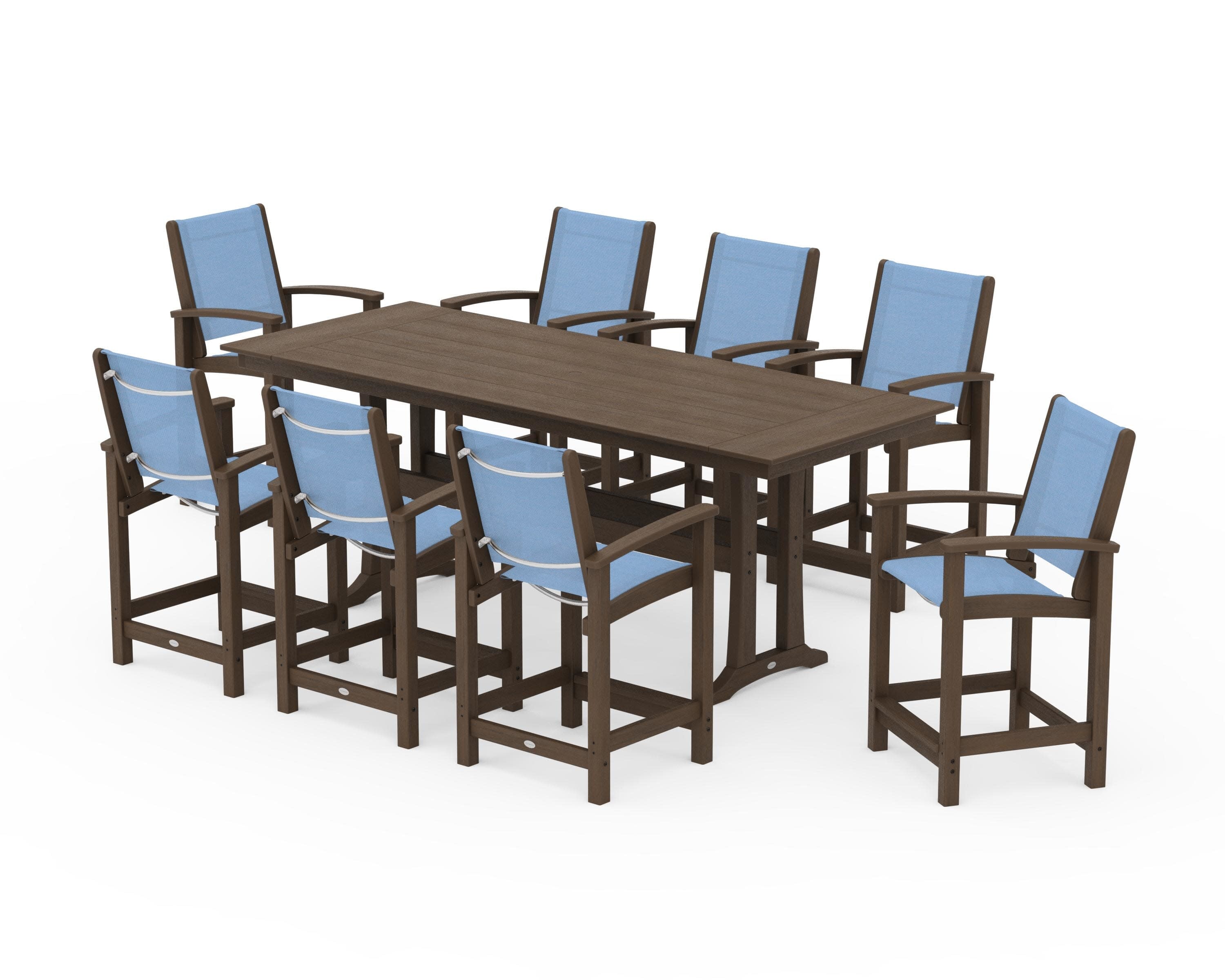 Coastal 9-Piece Farmhouse Counter Set with Trestle Legs in Kona / Poolside Sling