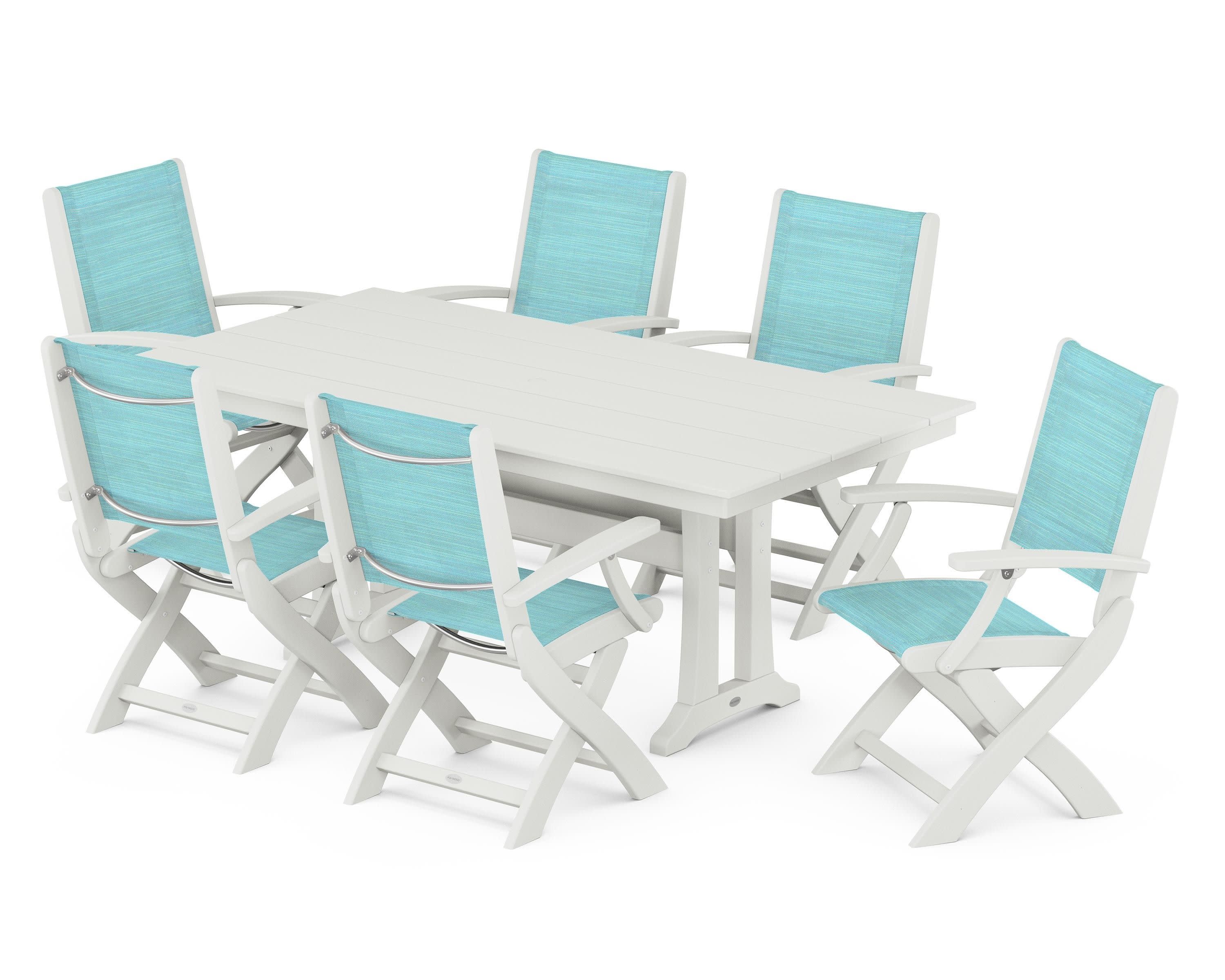 Coastal Folding Arm Chair 7-Piece Farmhouse Dining Set with Trestle Legs in Vintage White / Dupioni Aquamarine Sling