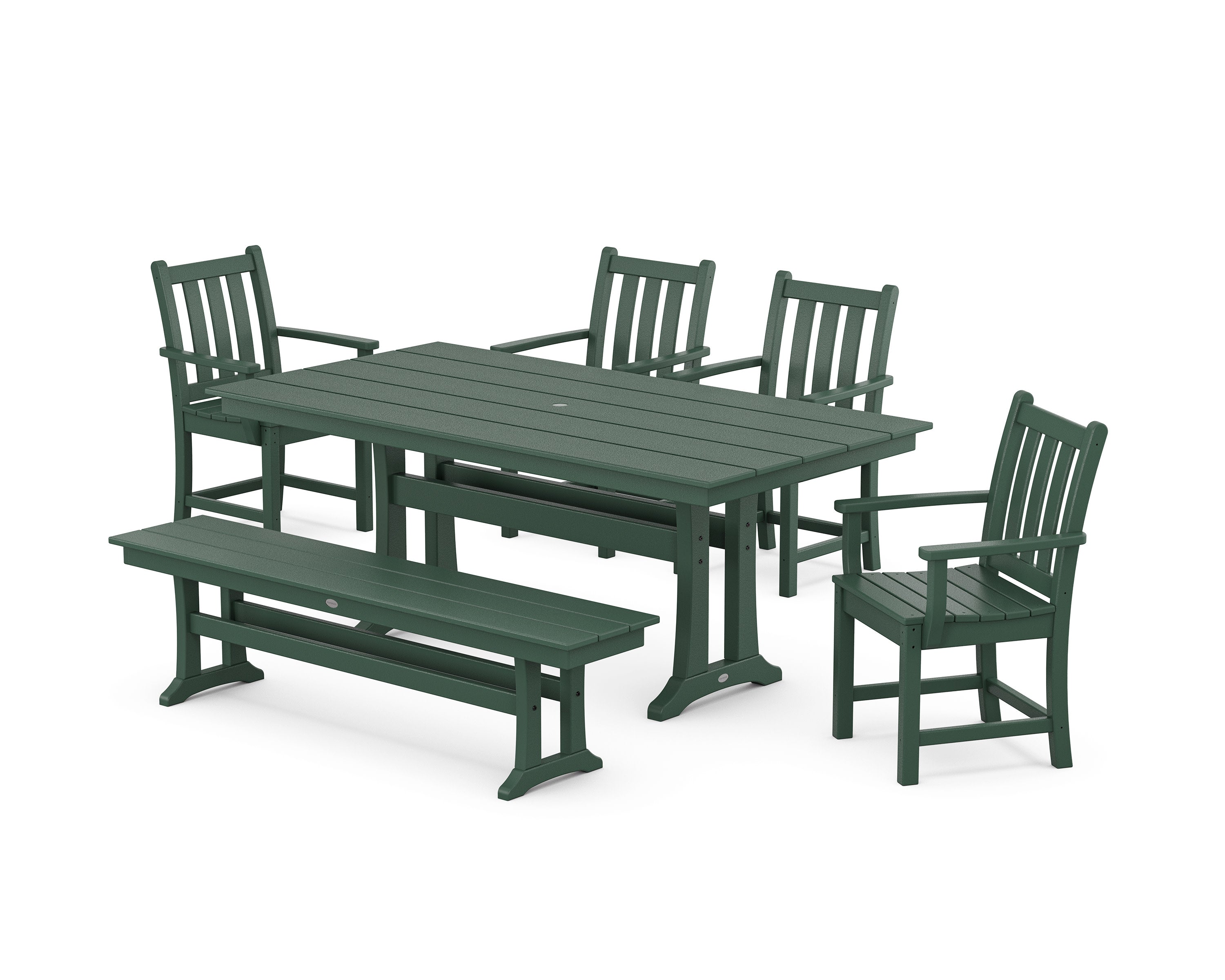 Traditional Garden Arm Chair 6-Piece Farmhouse Dining Set with Trestle Legs and Bench in Green