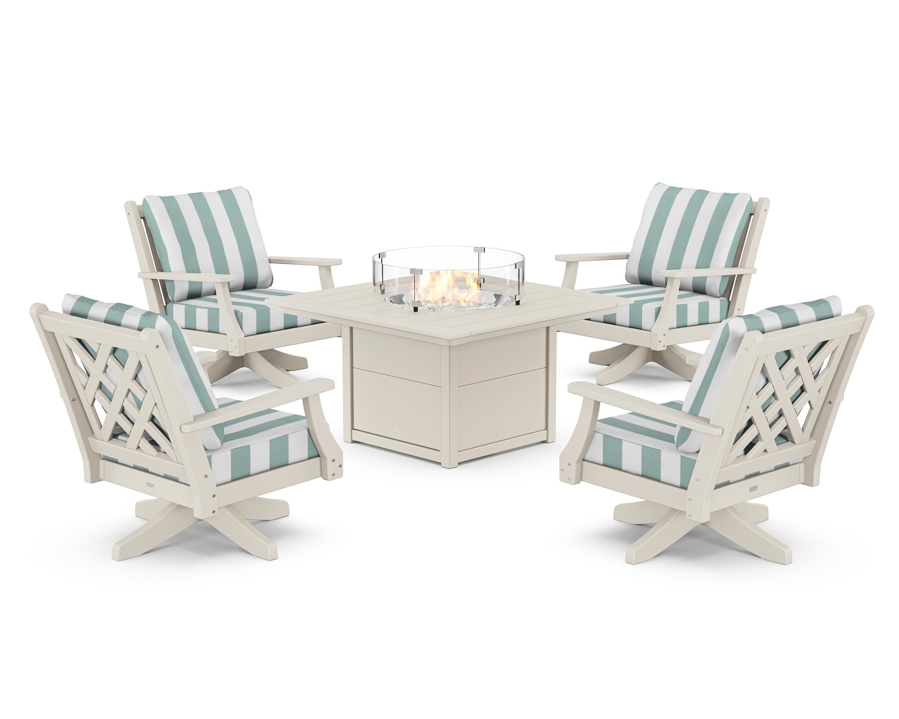 Wovendale 5-Piece Deep Seating Swivel Conversation Set with Fire Pit Table in Sand / Cabana Stripe Glacier Spa