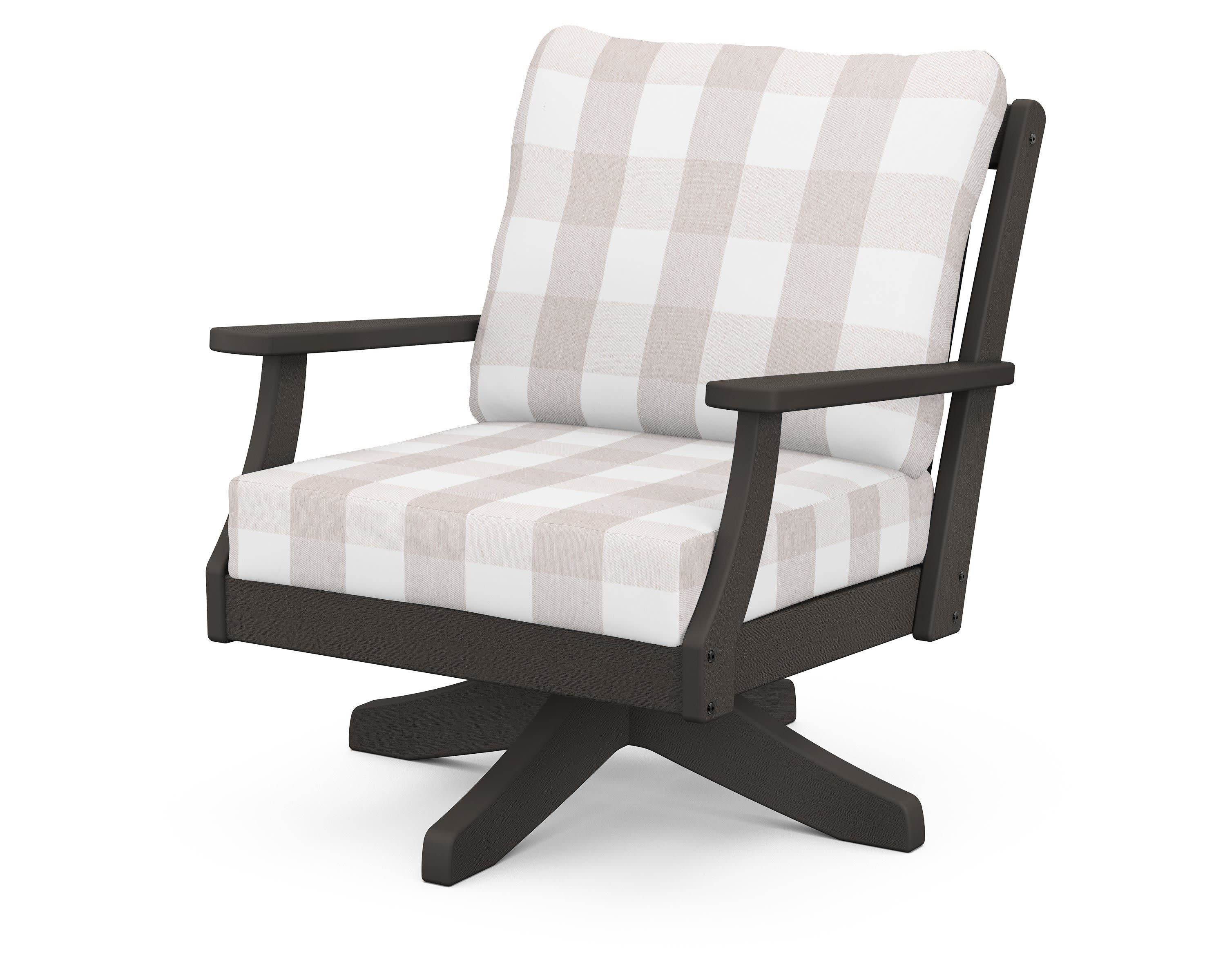 Braxton Deep Seating Swivel Chair in Vintage Coffee / Buffalo Plaid Dune Burlap