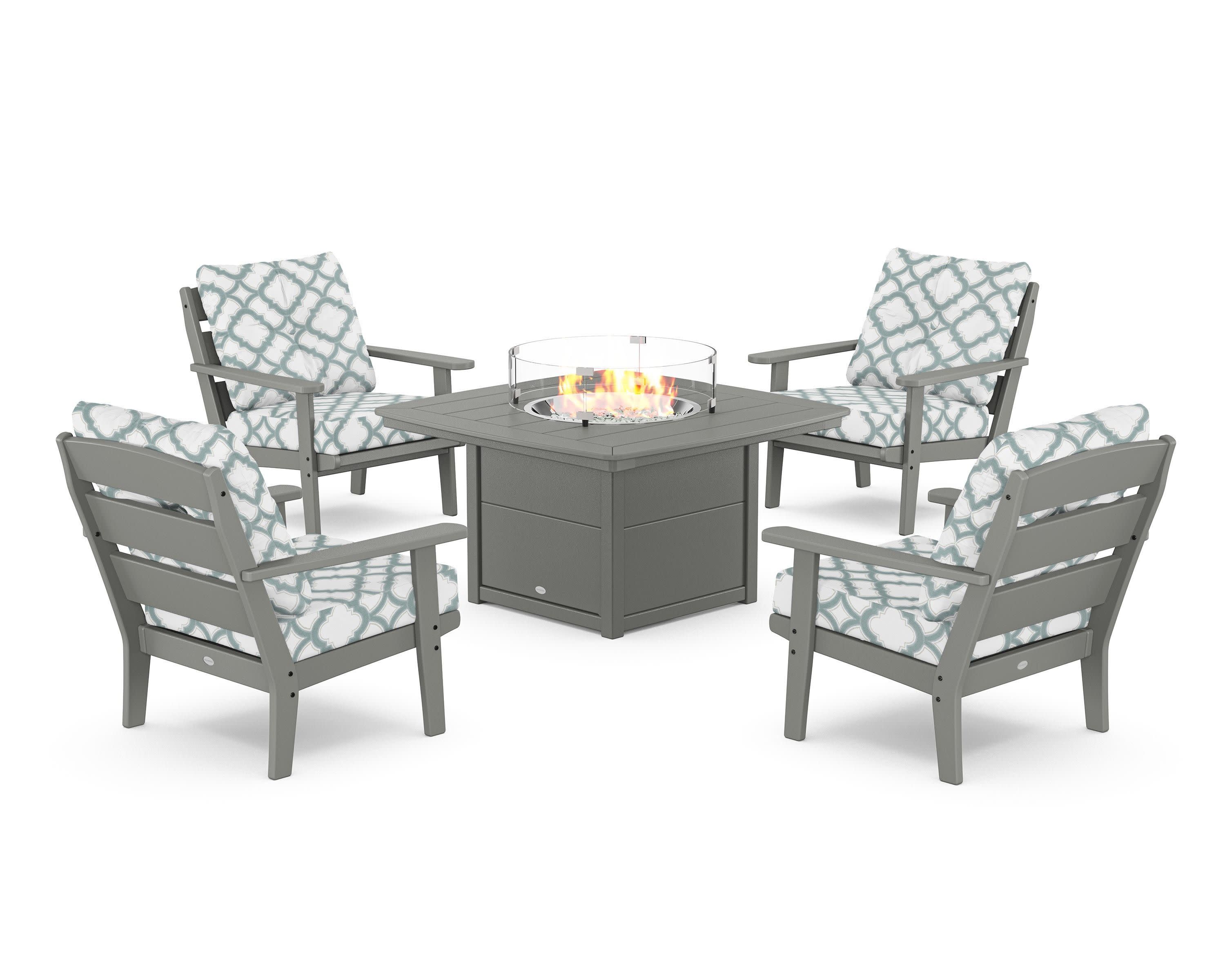 Lakeside 5-Piece Deep Seating Set with Nautical Fire Pit Table in Slate Grey / Trellis Glacier Spa