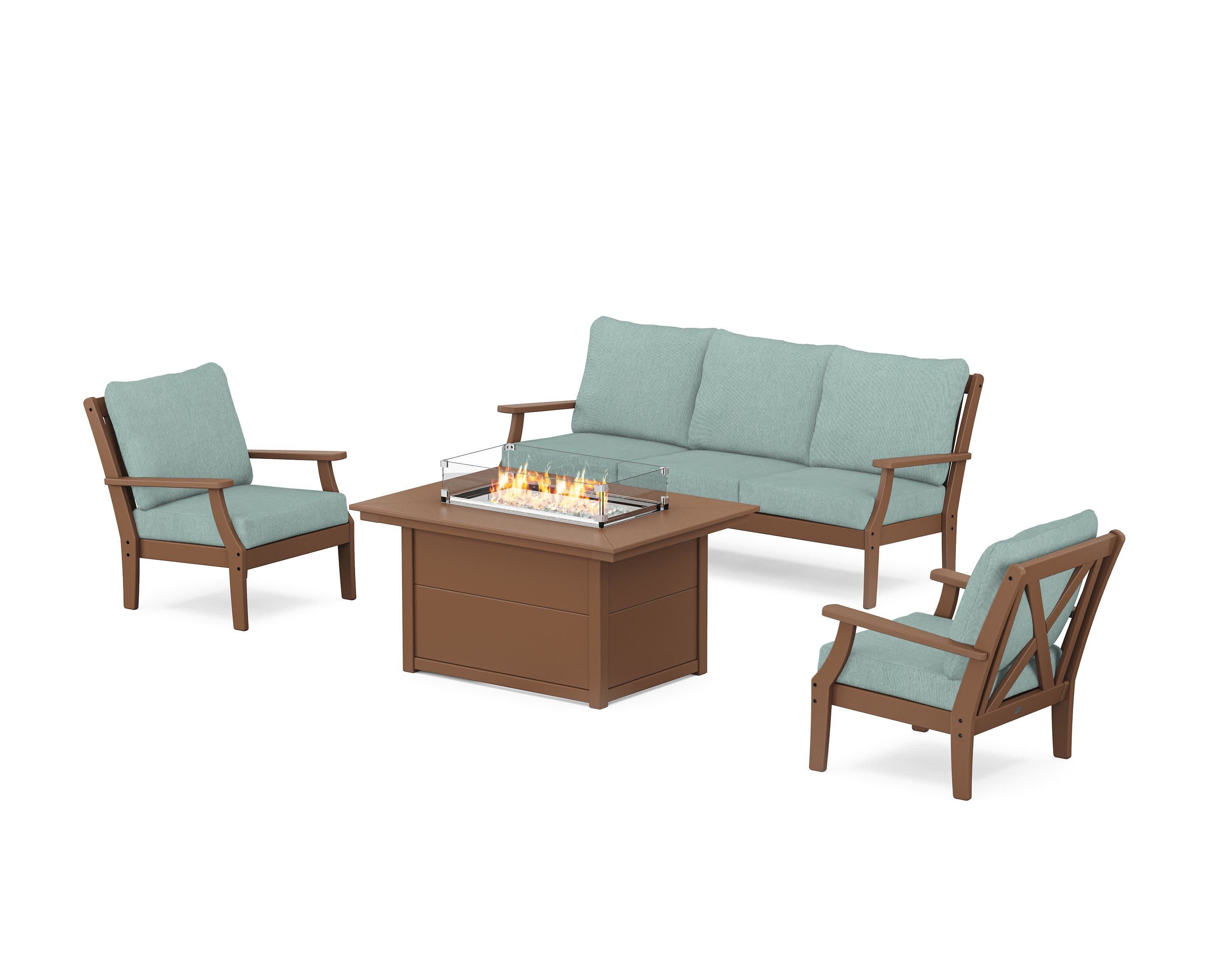 Braxton Deep Seating Fire Pit Table Set in Teak / Glacier Spa