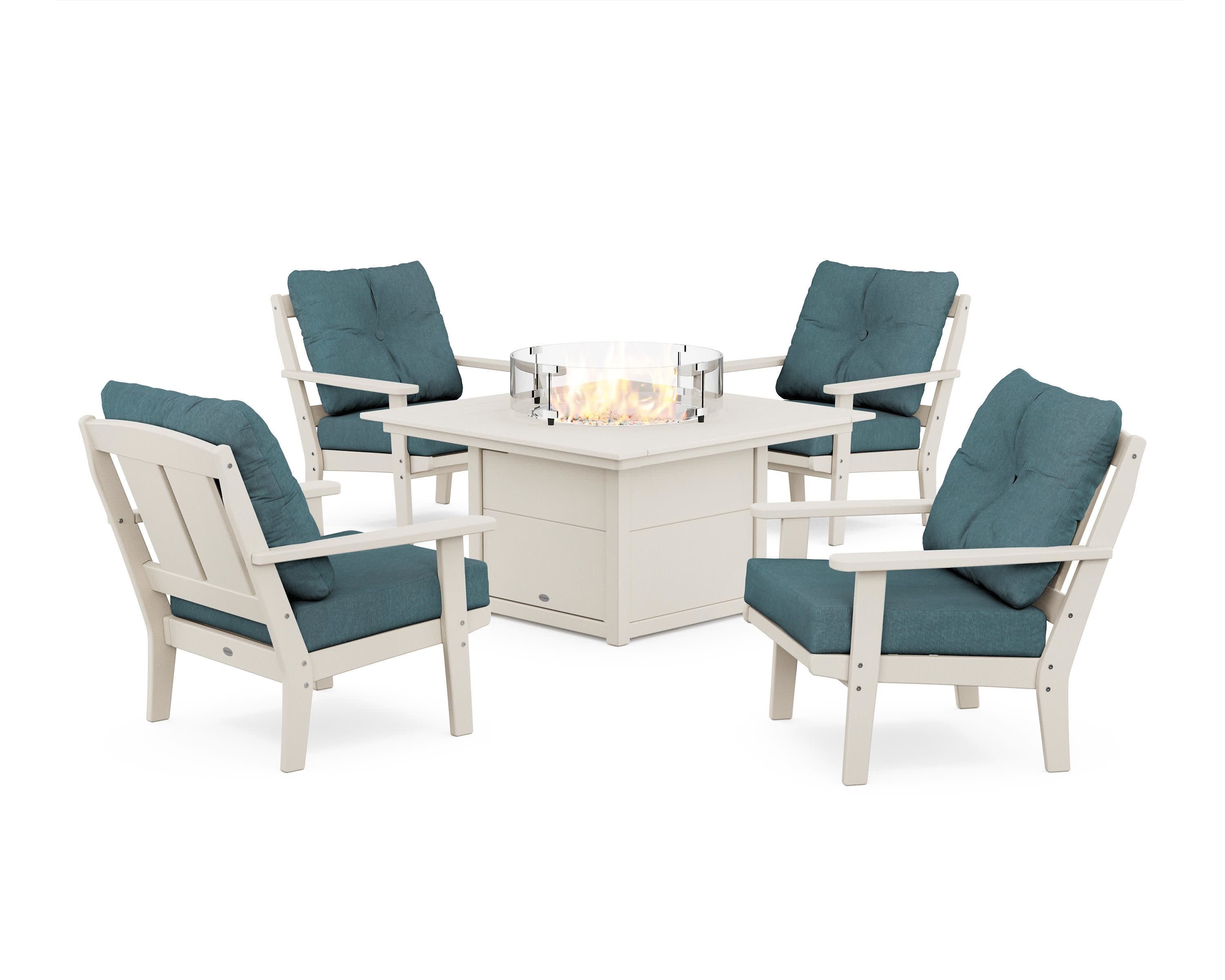 Mission 5-Piece Deep Seating Set with Fire Pit Table in Sand / Ocean Teal