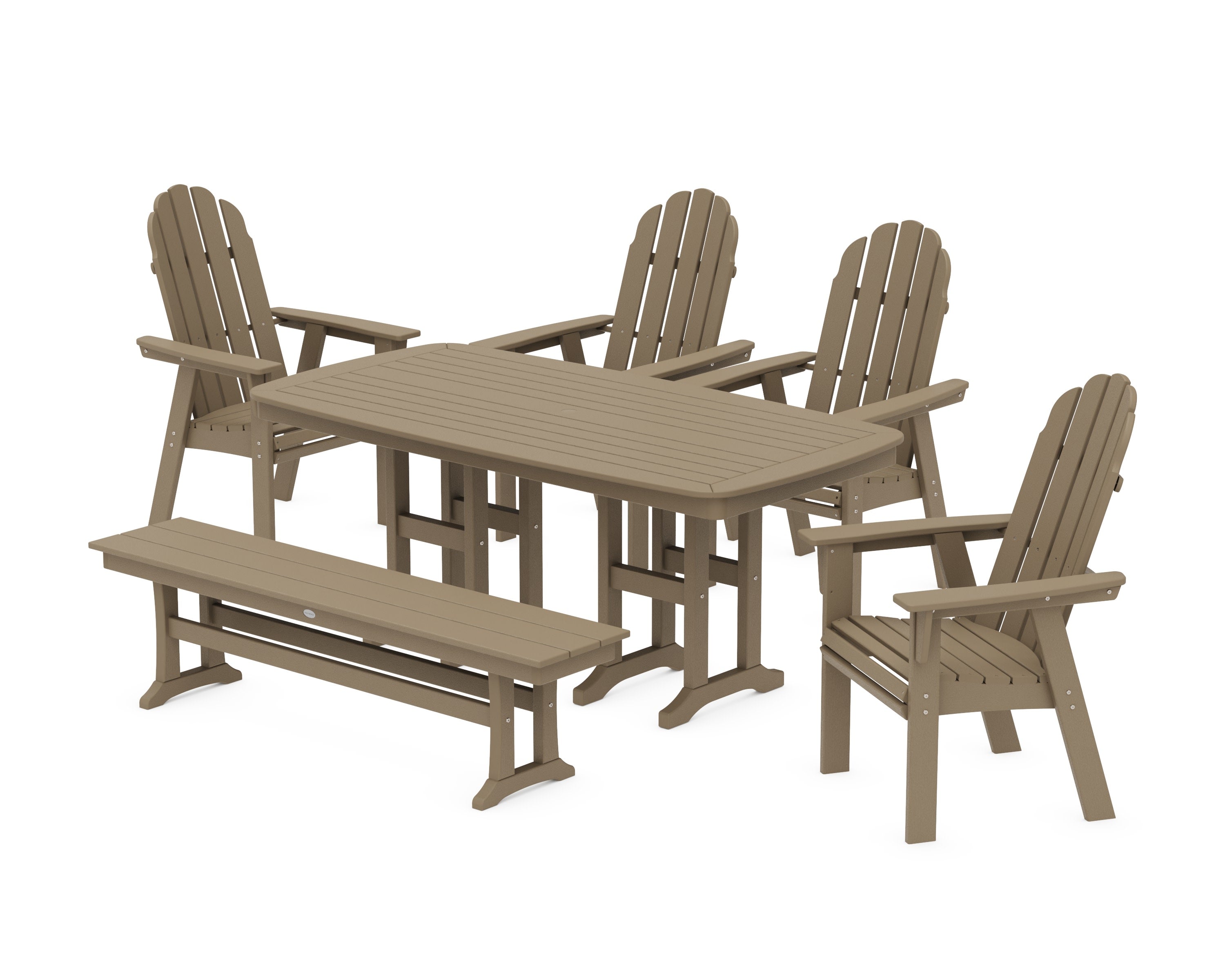Vineyard Curveback Adirondack Chair 6-Piece Dining Set with Bench in Vintage Sahara