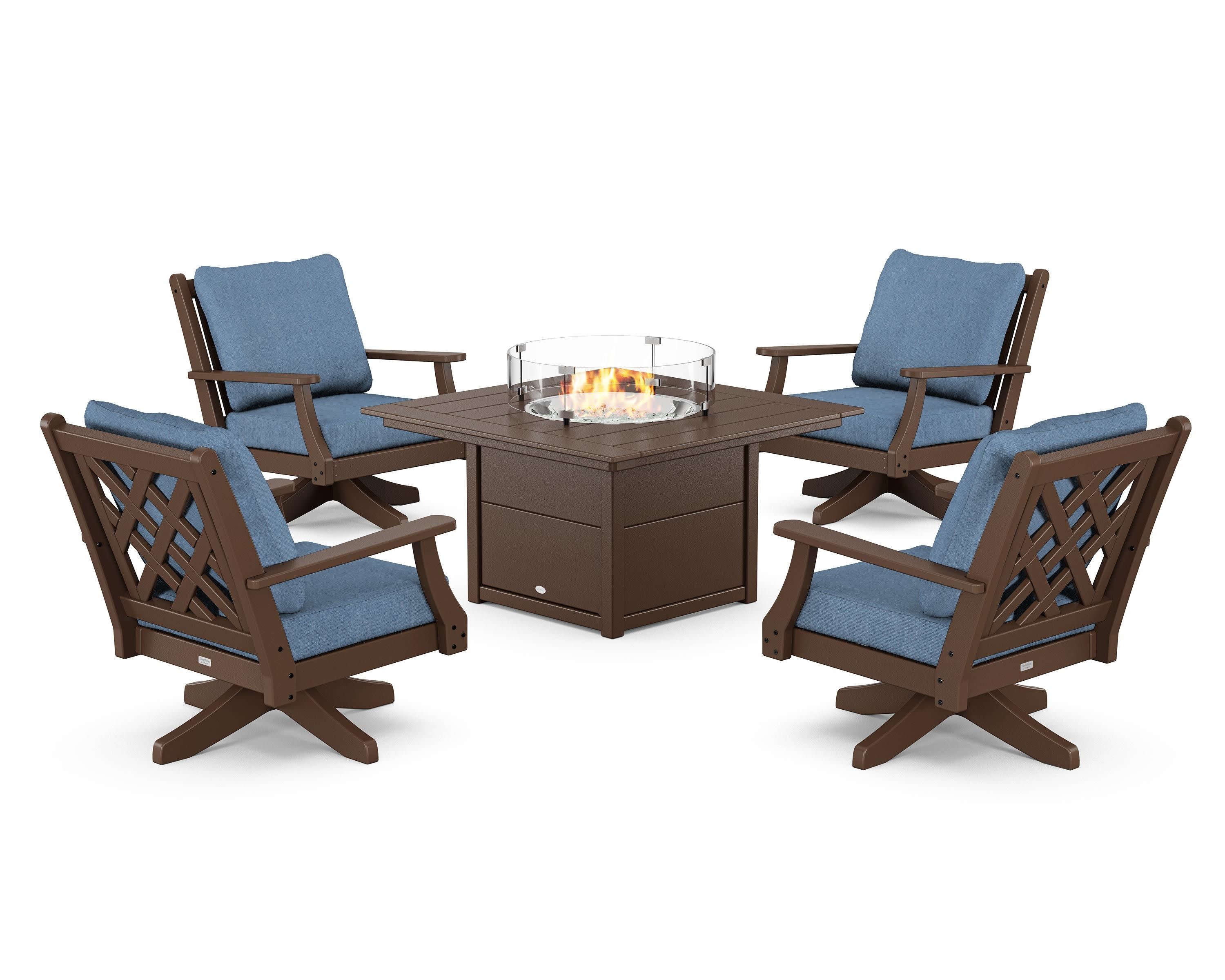 Wovendale 5-Piece Deep Seating Swivel Conversation Set with Fire Pit Table in Mahogany / Sky Blue