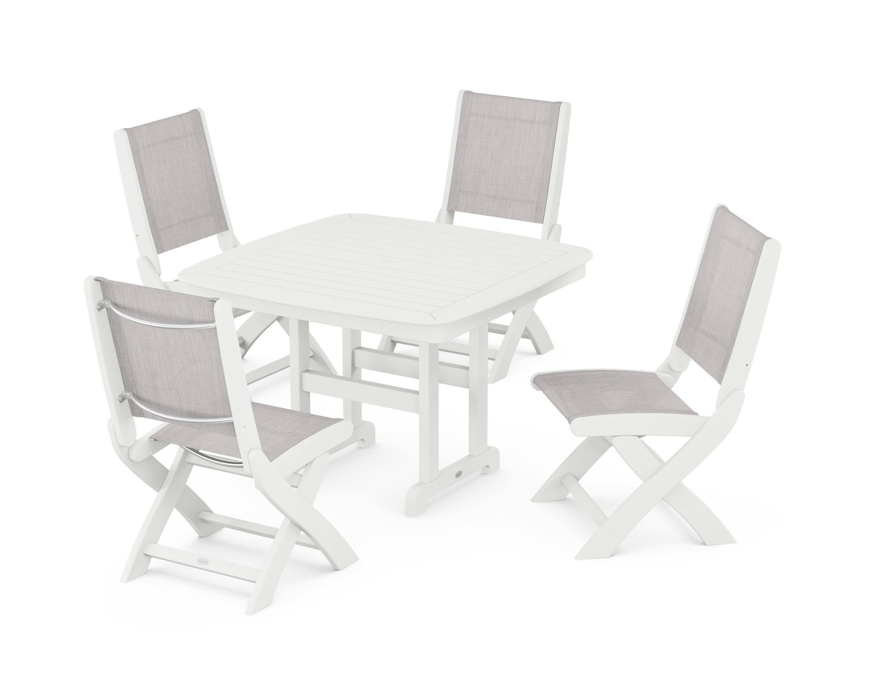 Coastal Folding Side Chair 5-Piece Dining Set in Vintage White / Parchment Sling