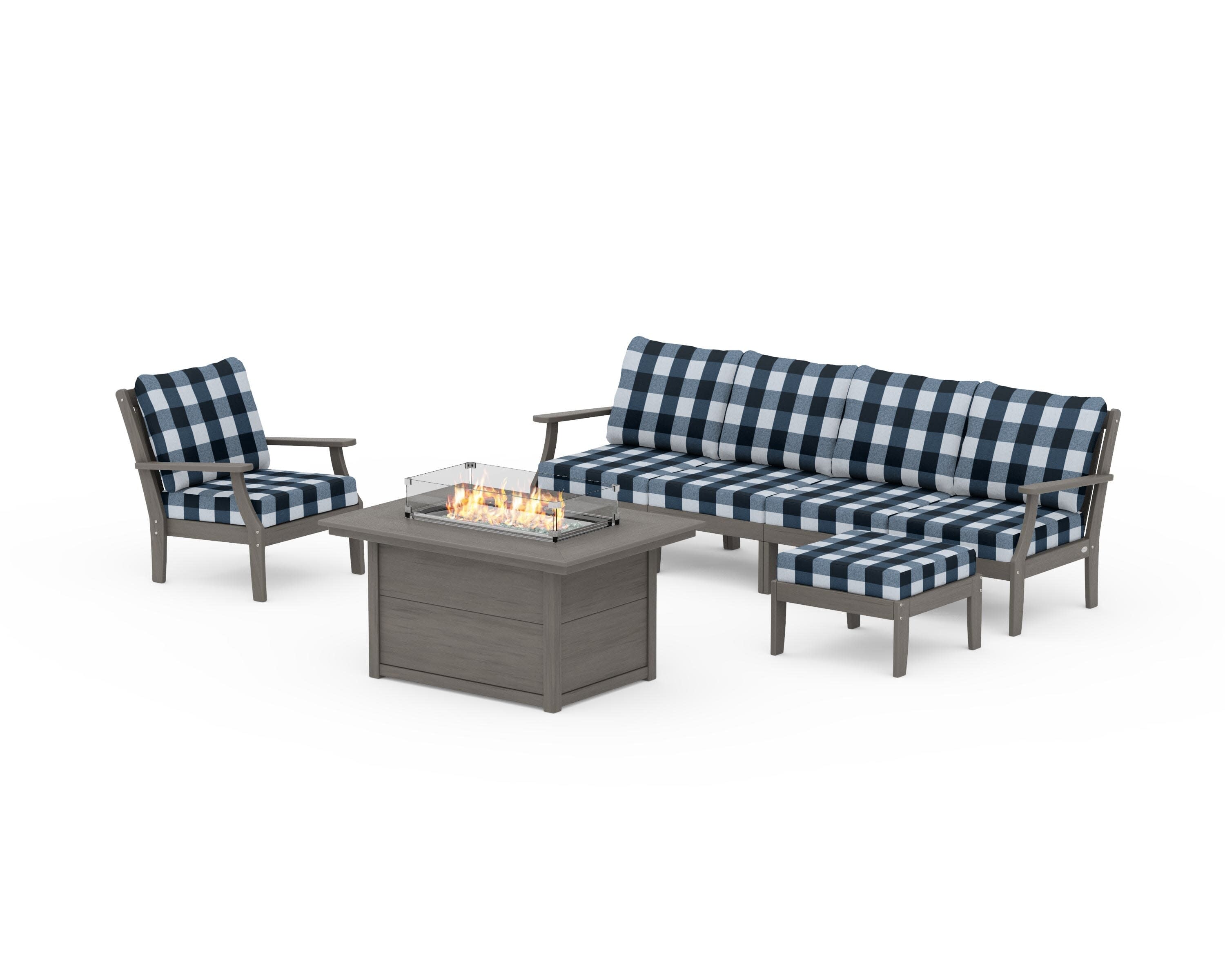 Braxton Sectional Lounge and Fire Pit Set in Driftwood / Buffalo Plaid Marine Indigo