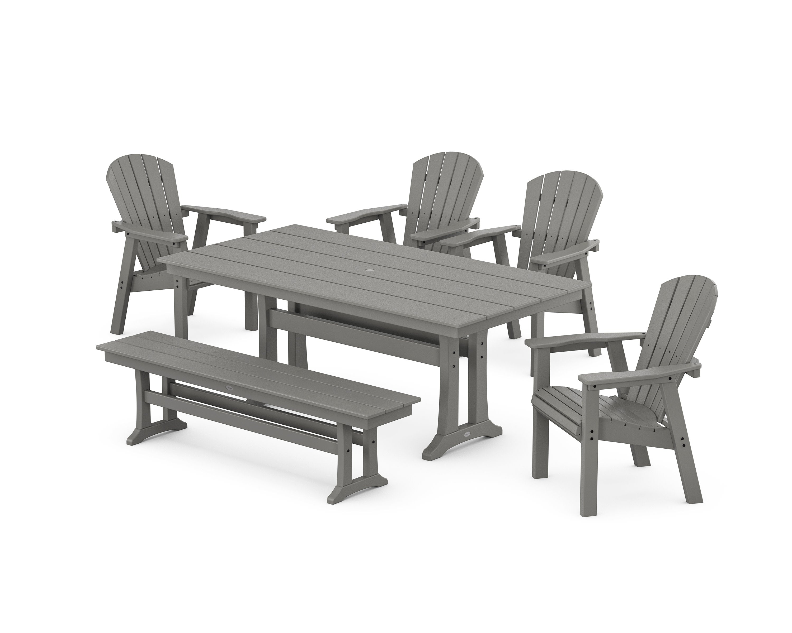 Seashell 6-Piece Farmhouse Dining Set with Trestle Legs and Bench in Slate Grey