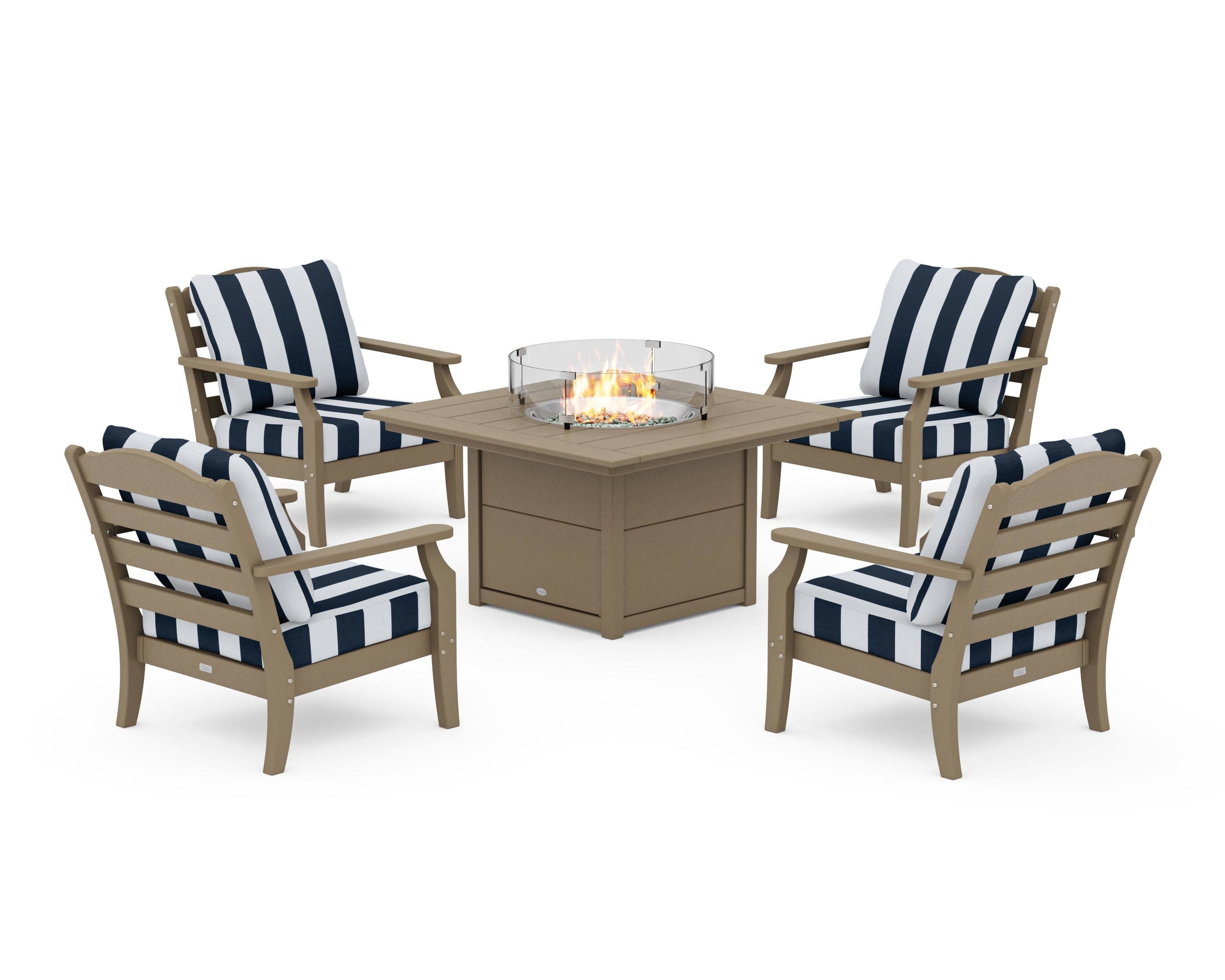 Savannah 5-Piece Deep Seating Set with Fire Pit Table in Vintage Sahara / Cabana Stripe Marine Indigo