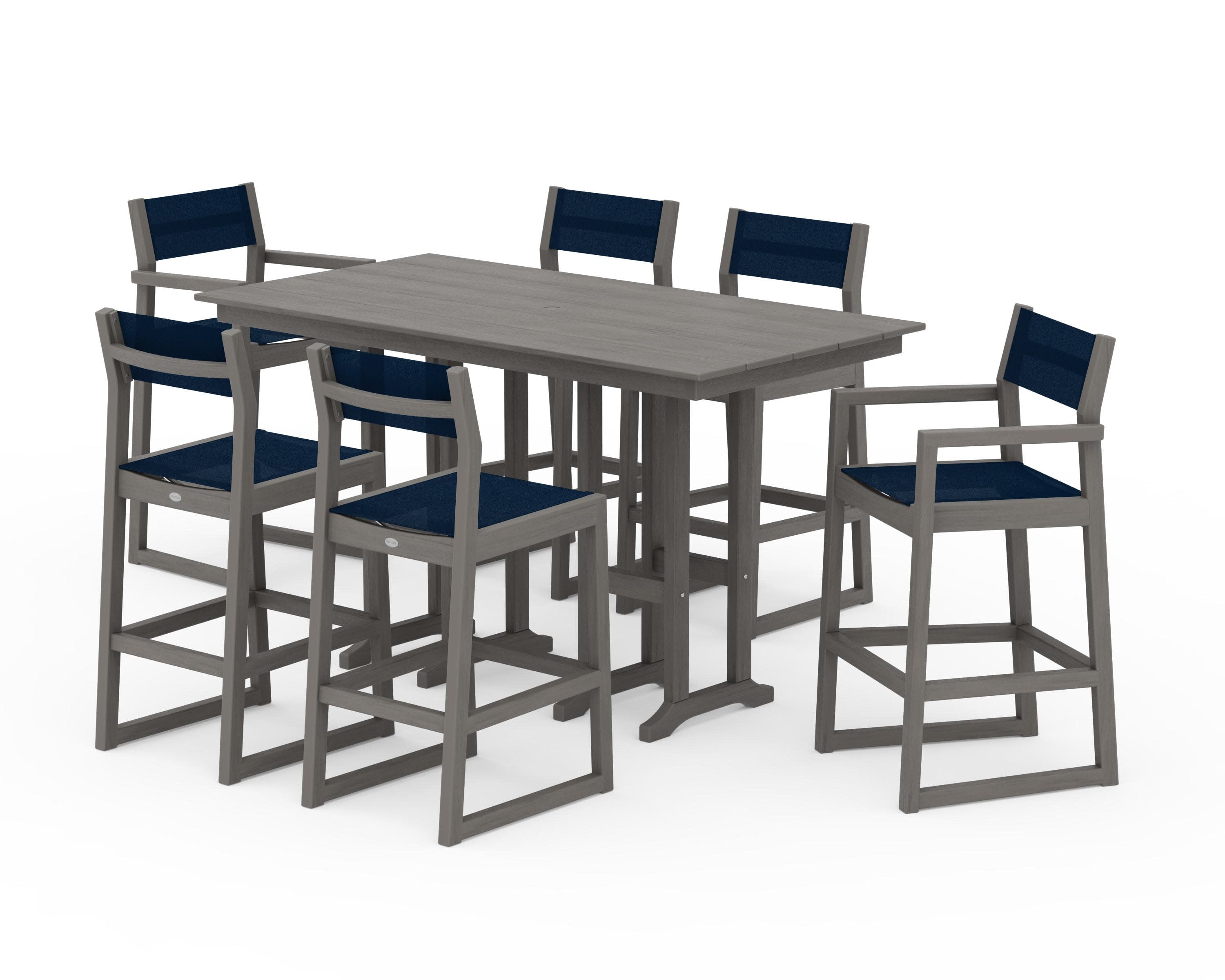 EDGE Sling 7-Piece Farmhouse Bar Set in Driftwood / Navy Blue Sling
