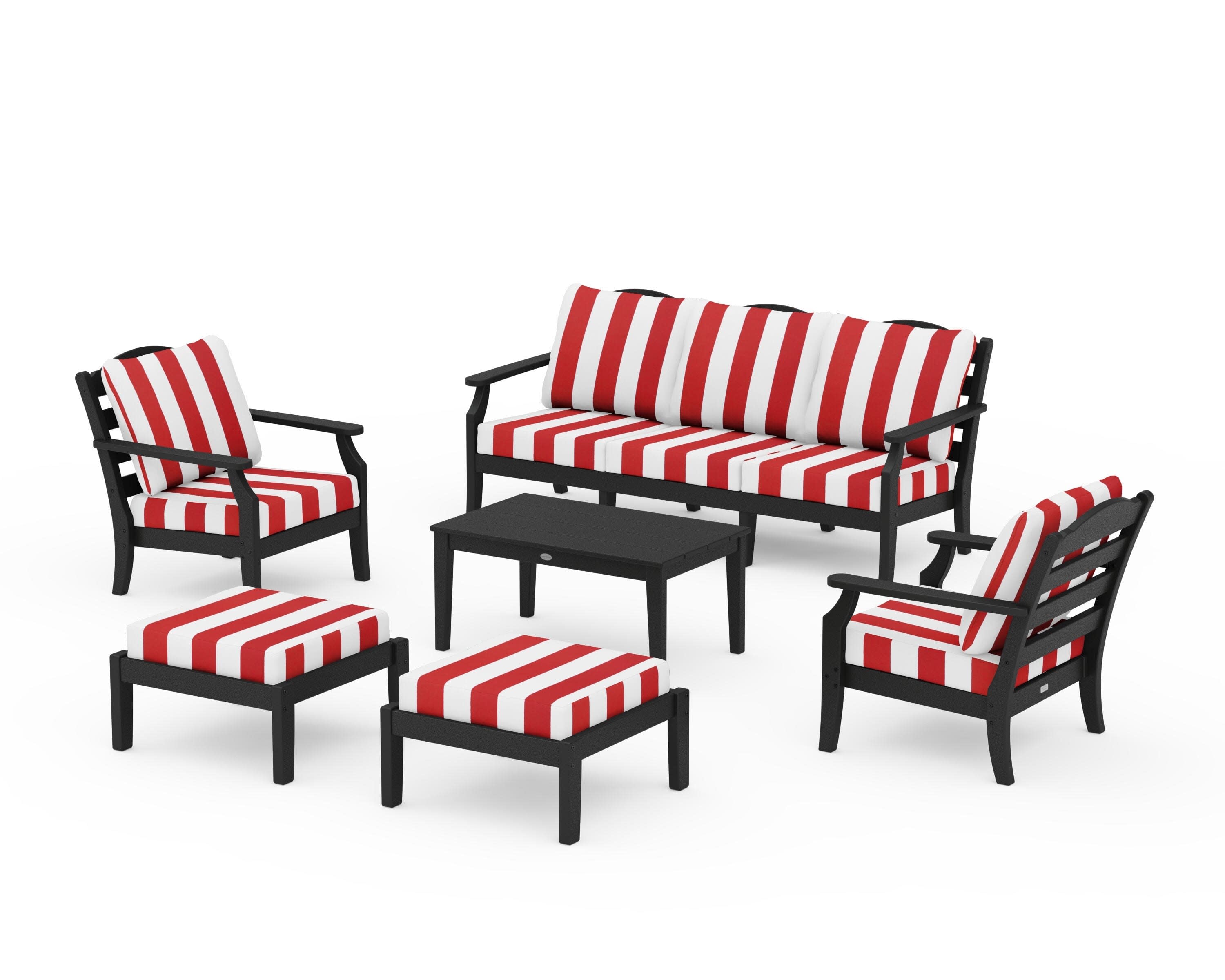 Savannah 6-Piece Lounge Sofa Set in Black / Cabana Stripe Crimson