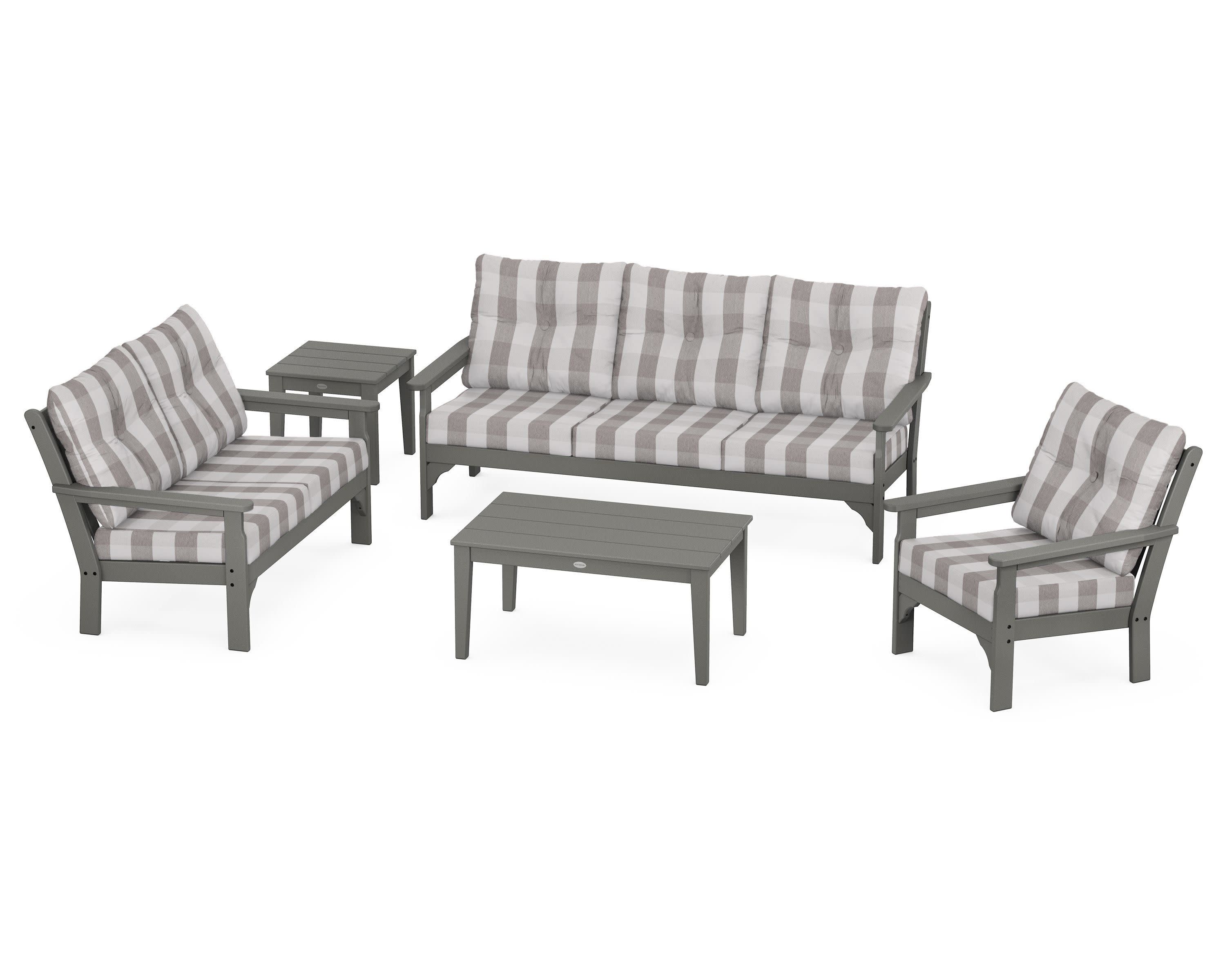 Vineyard 5 Piece Deep Seating Set in Slate Grey / Buffalo Plaid Grey Mist