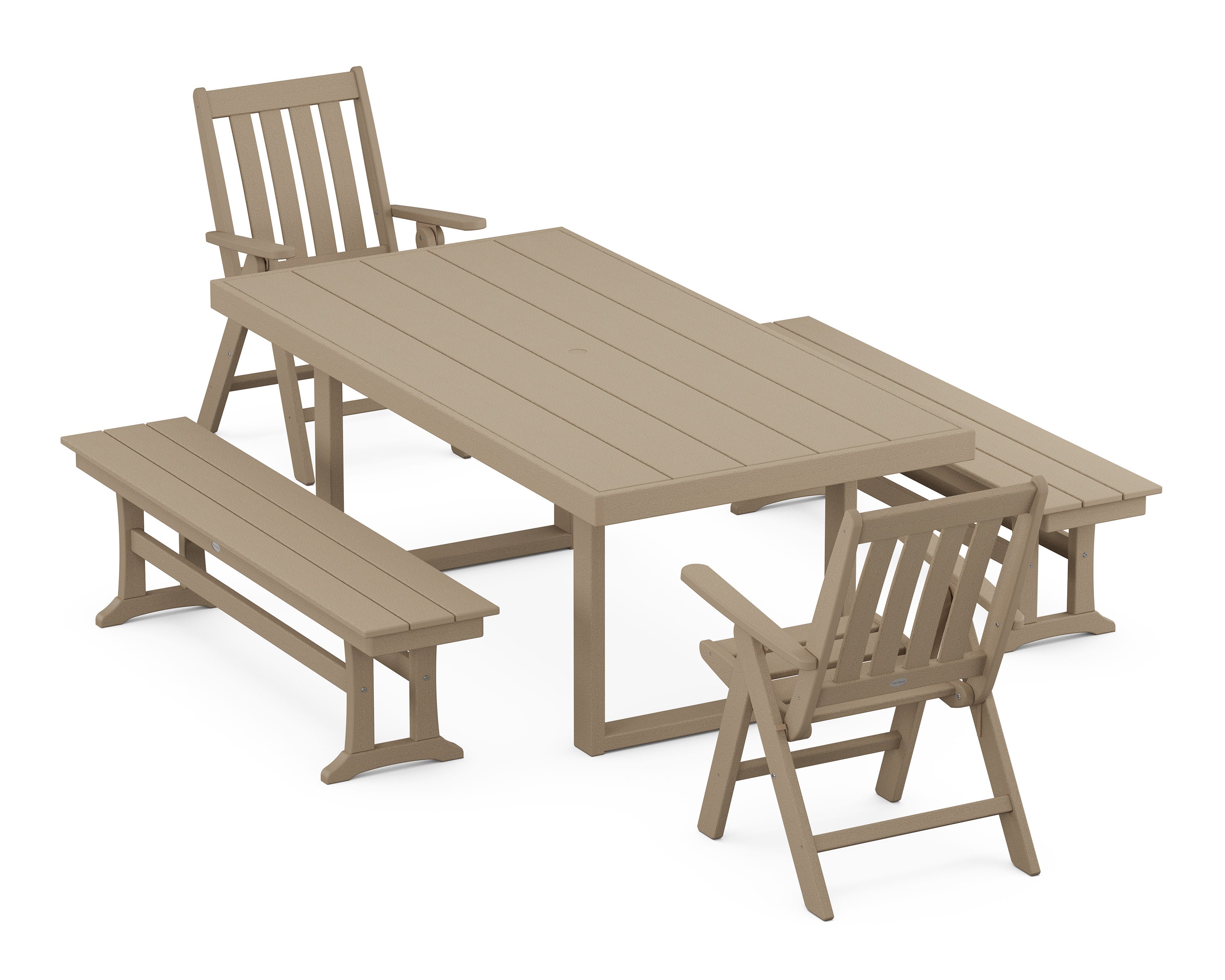 Vineyard Folding Chair 5-Piece Dining Set with Benches in Vintage Sahara