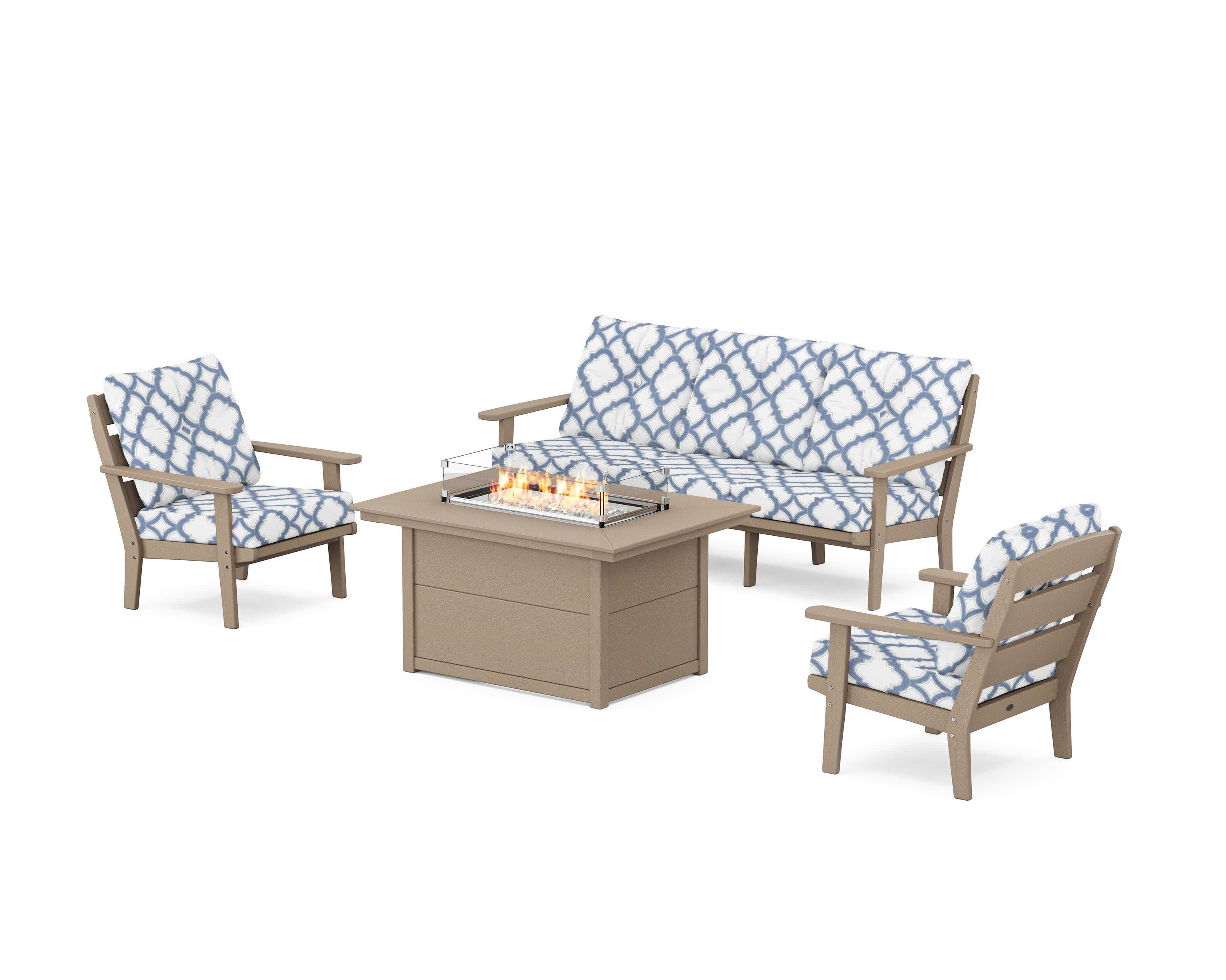 Lakeside Deep Seating Fire Pit Table Set in Vintage Sahara / Trellis Sky Blue