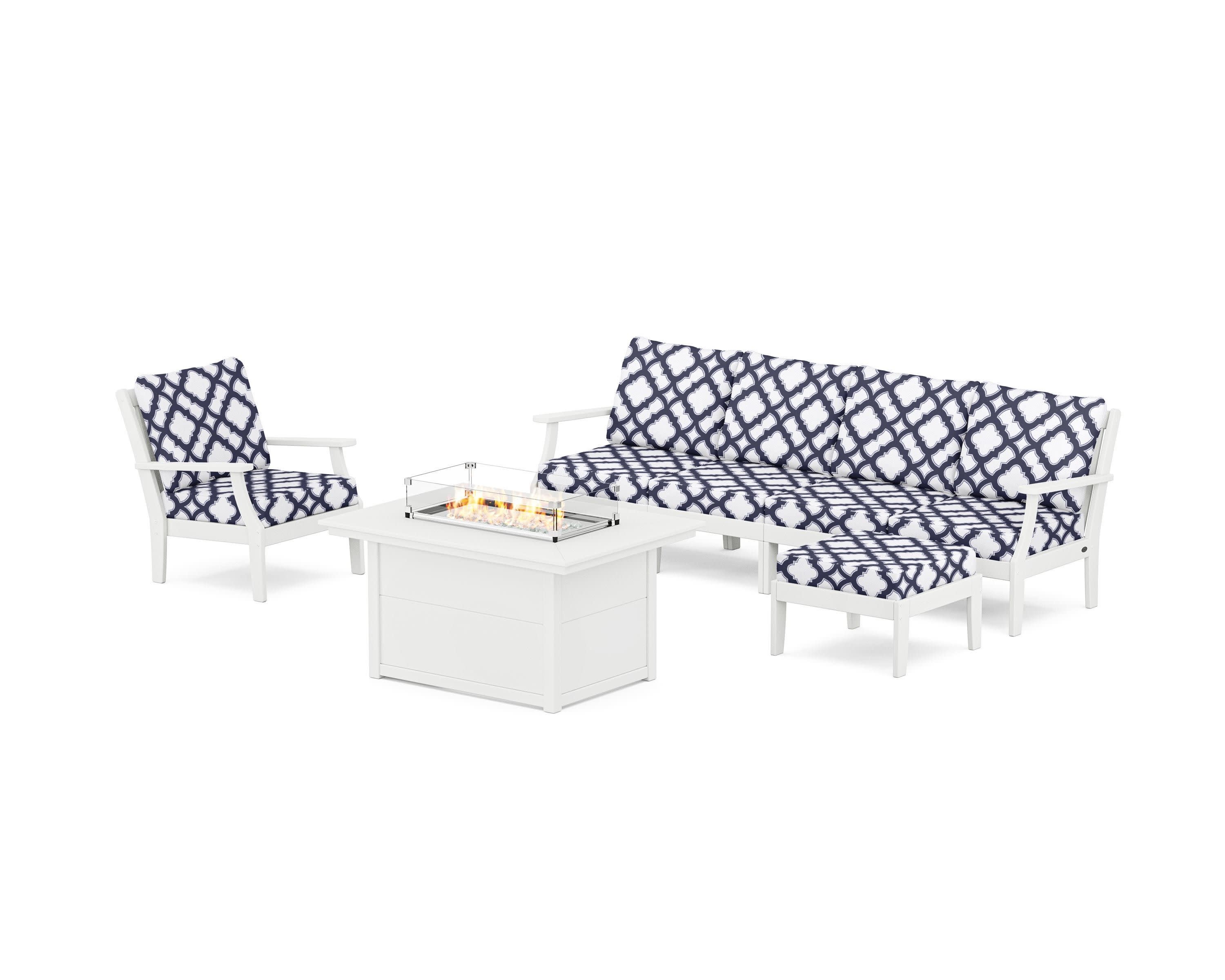 Braxton Sectional Lounge and Fire Pit Set in White / Trellis Navy