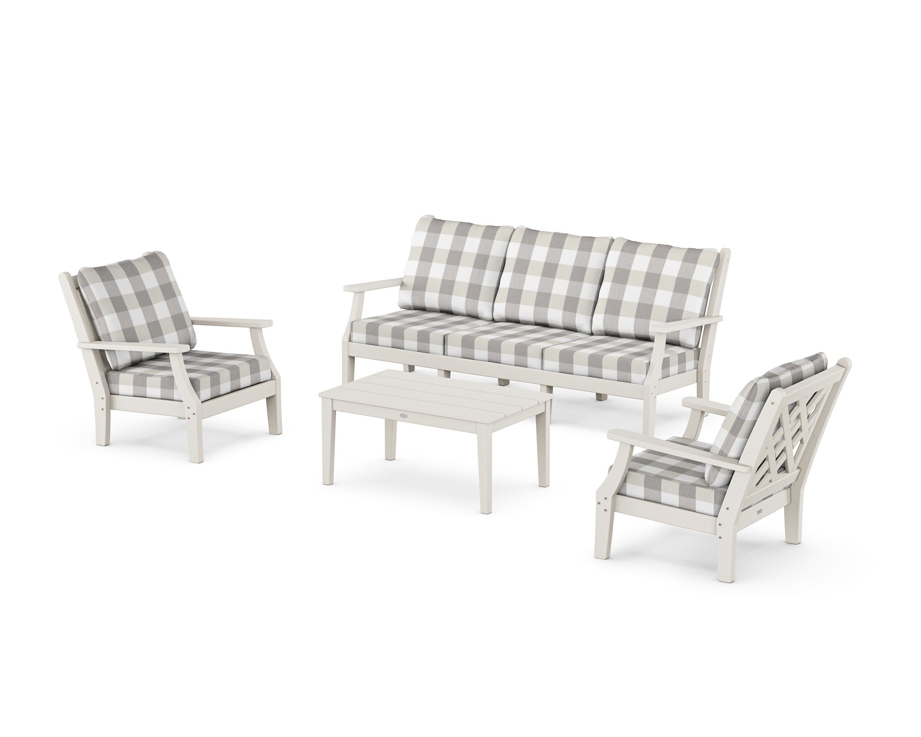 Wovendale 4-Piece Deep Seating Set with Sofa in Sand / Buffalo Plaid Grey Mist