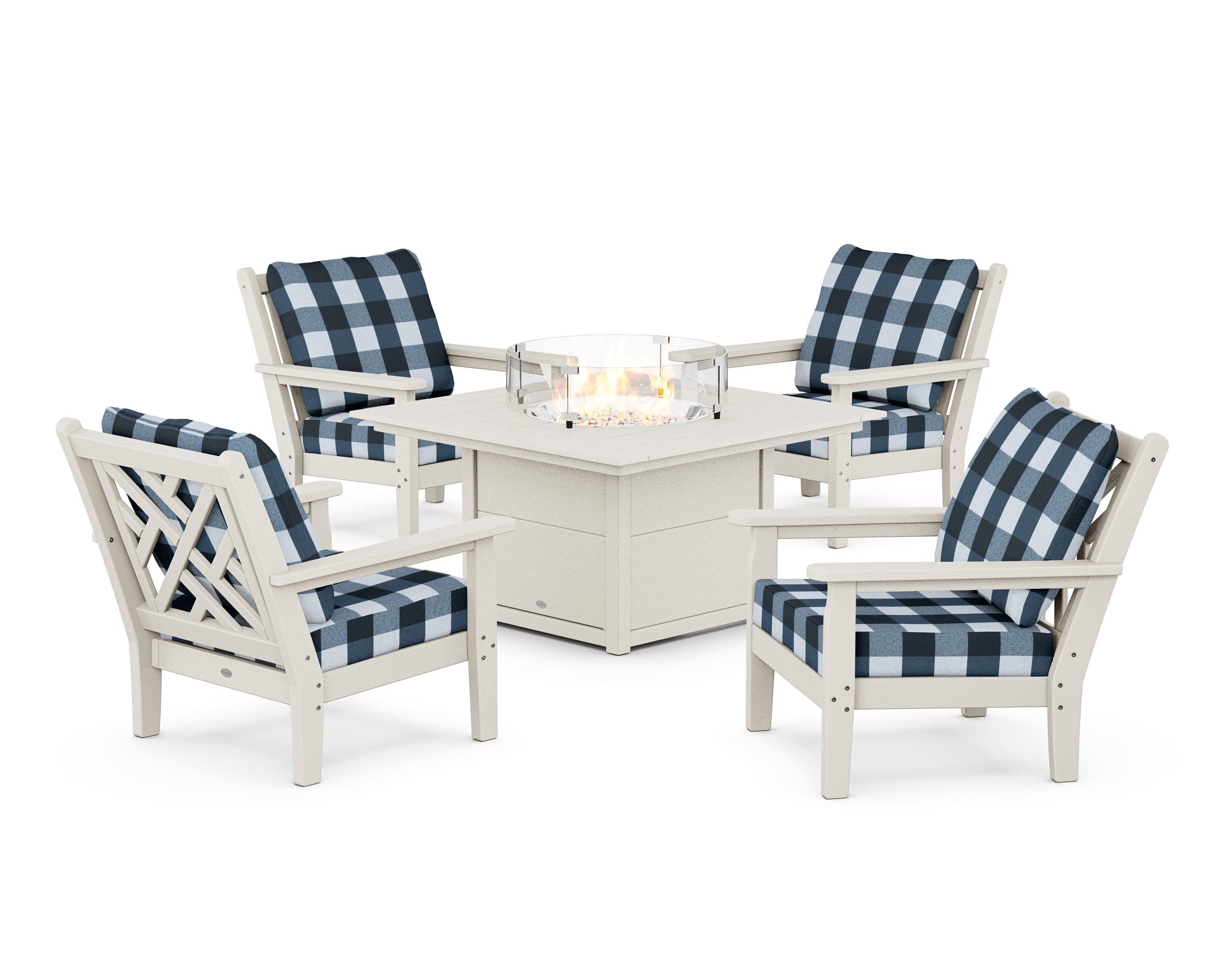 Chippendale 5-Piece Deep Seating Set with Fire Pit Table in Sand / Buffalo Plaid Marine Indigo