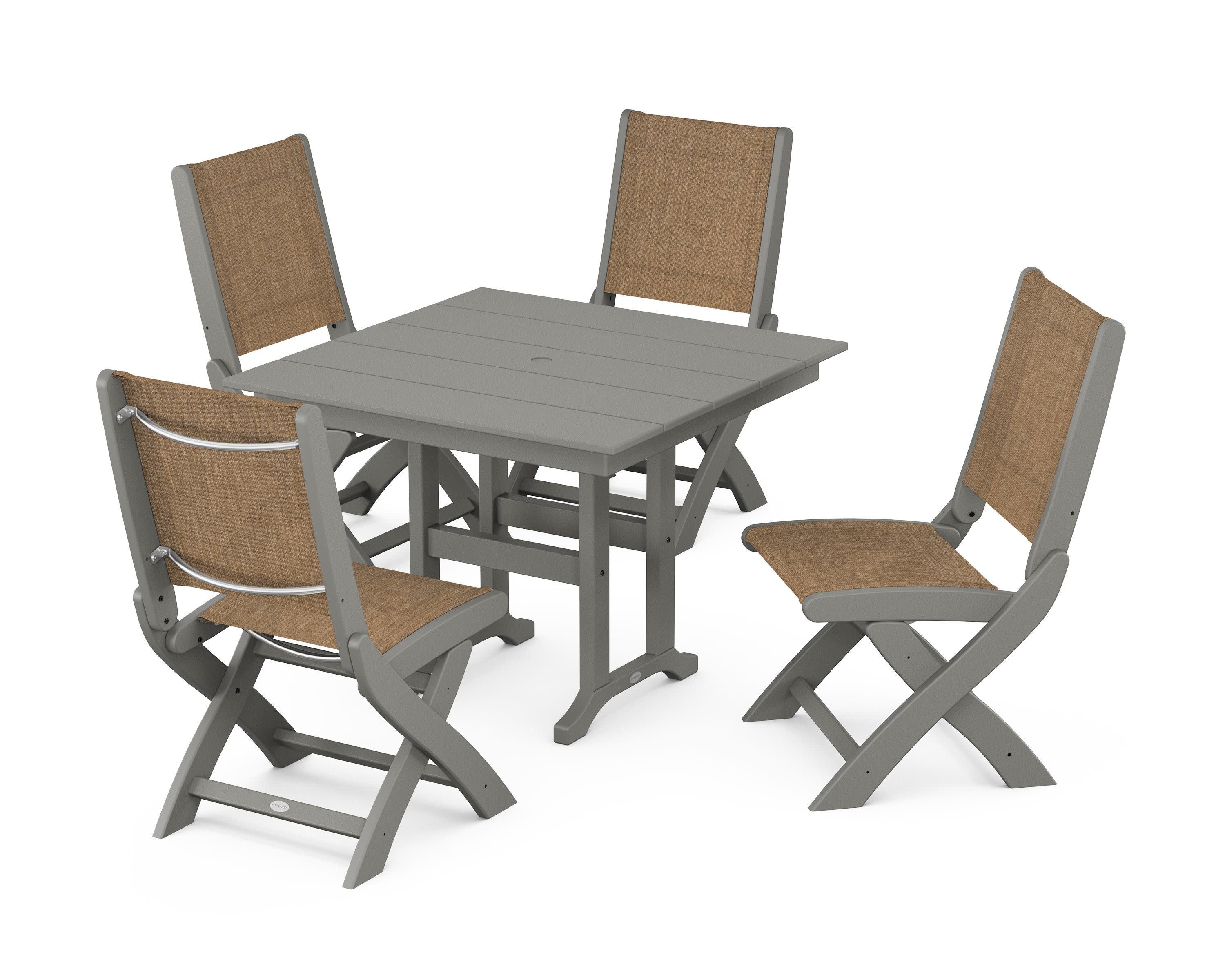 Coastal Folding Side Chair 5-Piece Farmhouse Dining Set in Slate Grey / Burlap Sling