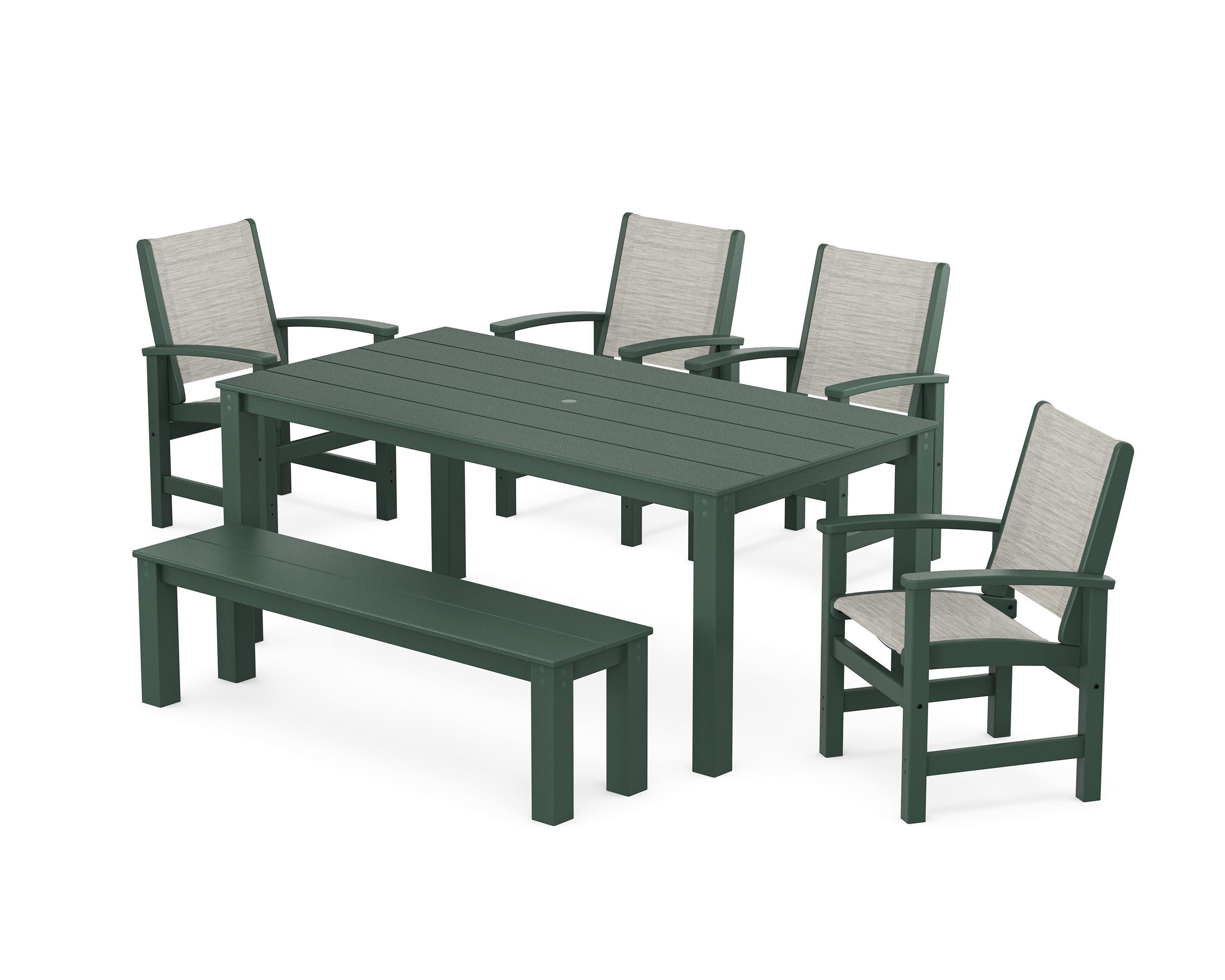 Coastal 6-Piece Parsons Dining Set with Bench in Green / Birch Sling