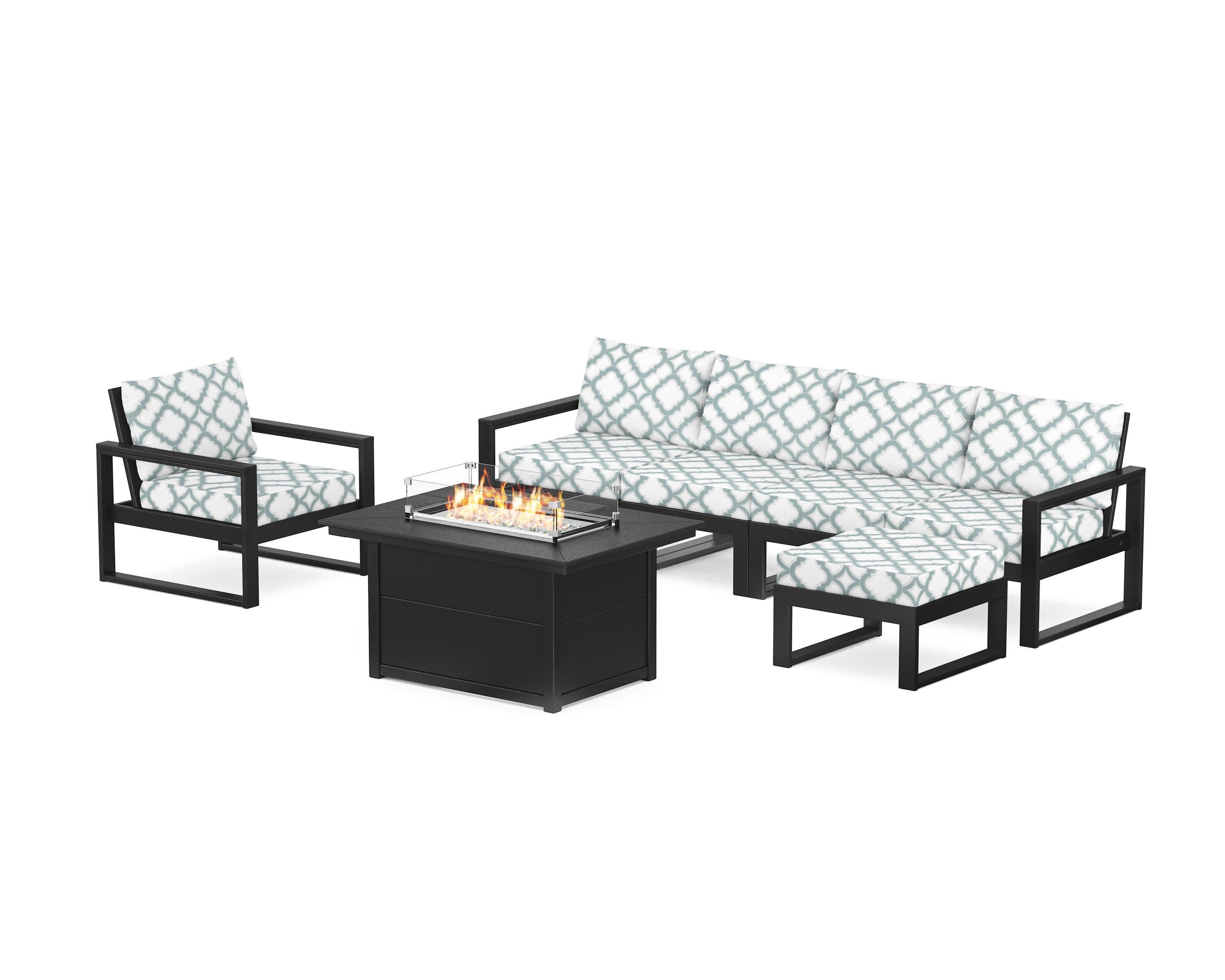 EDGE Sectional Lounge and Fire Pit Set in Black / Trellis Glacier Spa