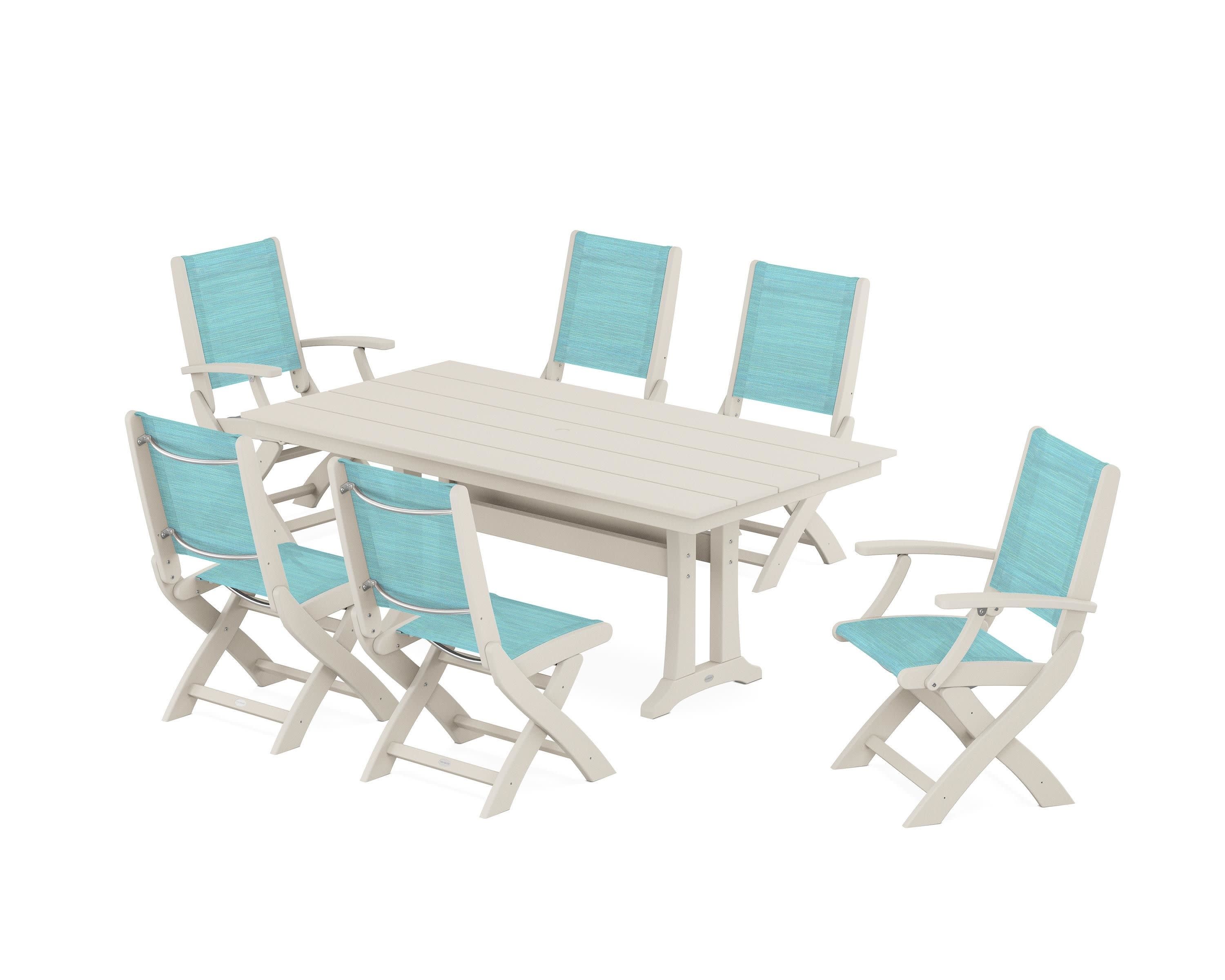 Coastal Folding Chair 7-Piece Farmhouse Dining Set with Trestle Legs in Sand / Dupioni Aquamarine Sling
