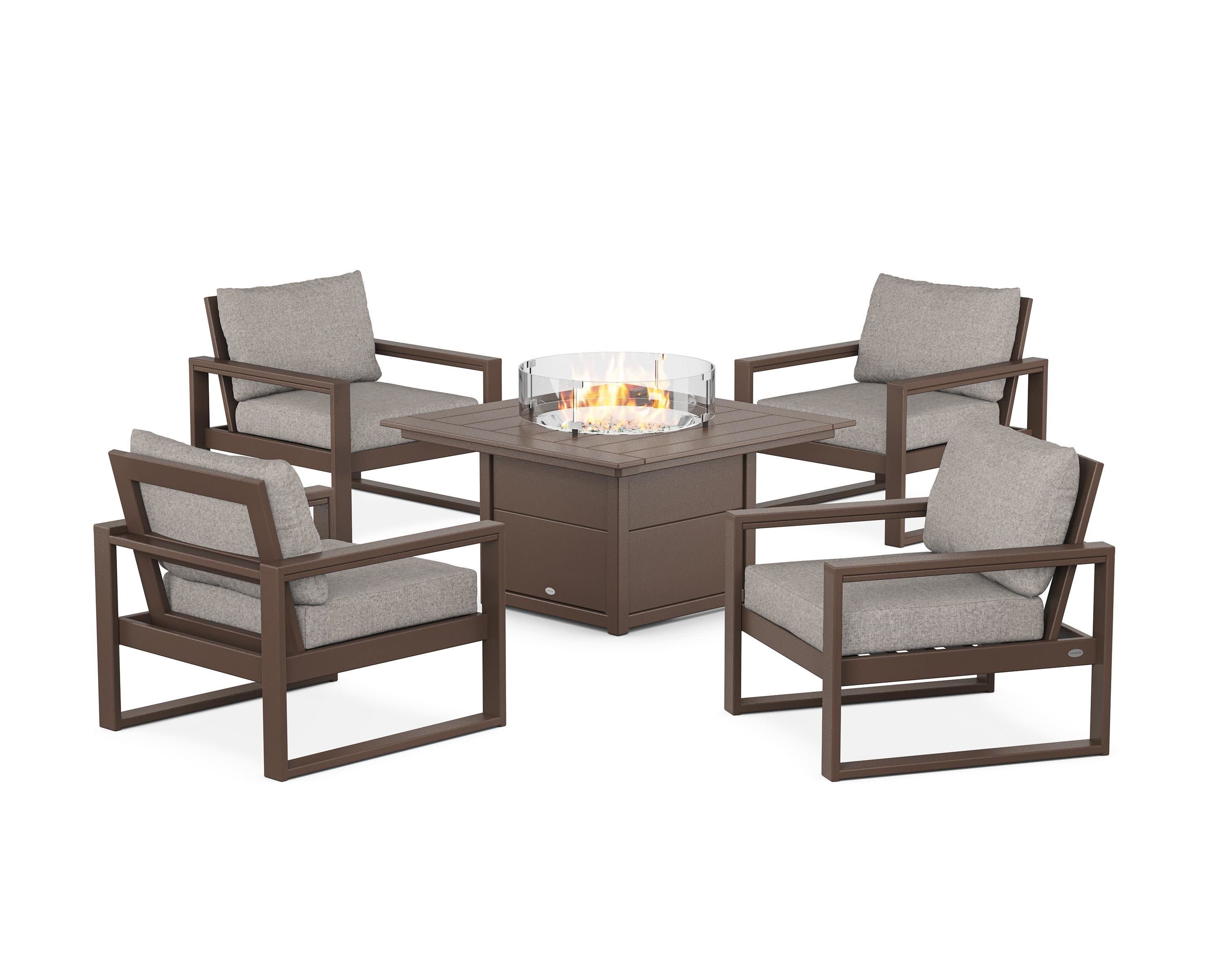 EDGE Sectional 5-Piece Deep Seating Set with Fire Pit Table in Mahogany / Weathered Tweed