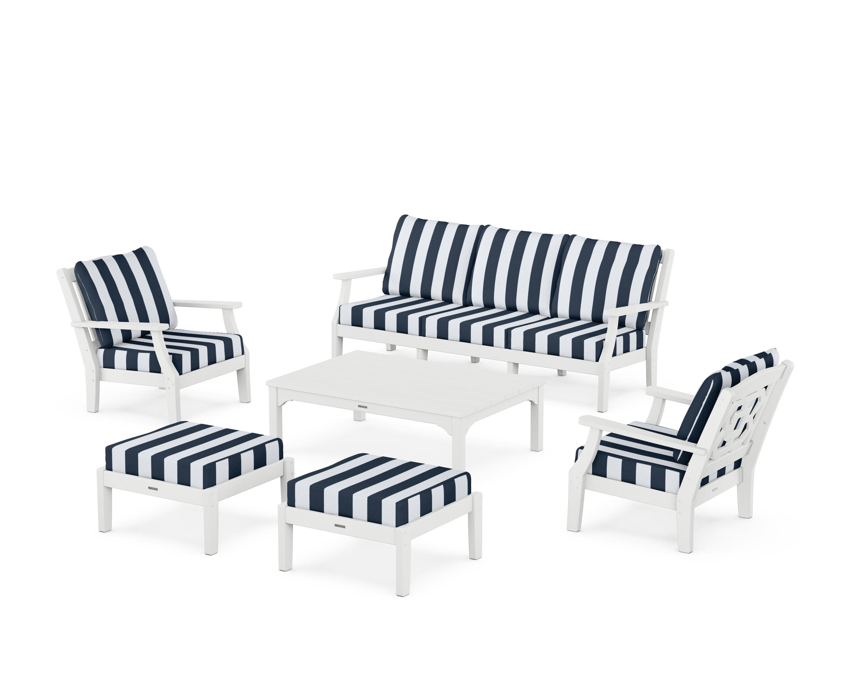 Chinoiserie 6-Piece Lounge Sofa Set in White / Cabana Stripe Marine Indigo