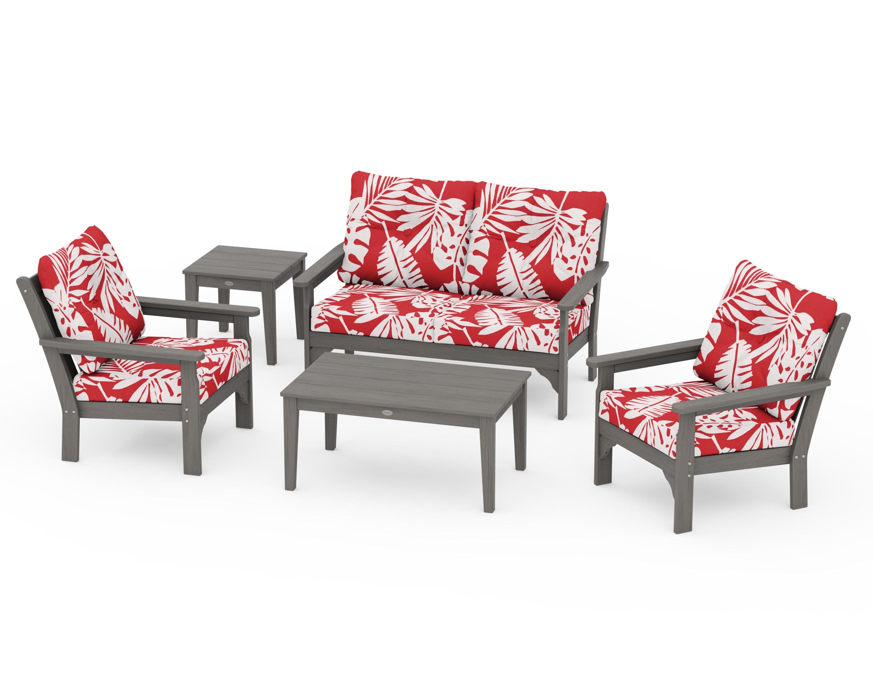Vineyard 5-Piece Deep Seating Set in Driftwood / Leaf Crimson