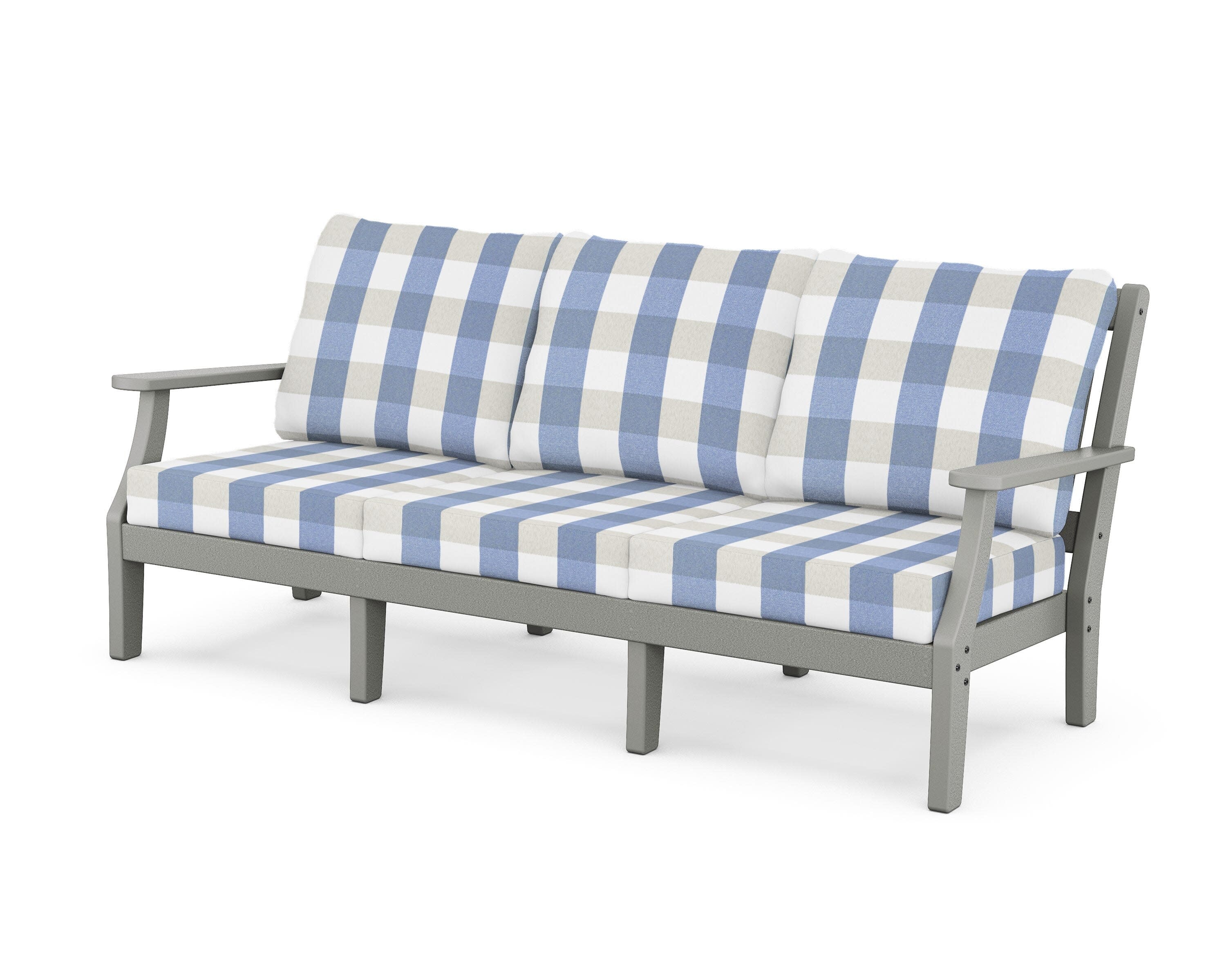 Chinoiserie Deep Seating Sofa in Slate Grey / Buffalo Plaid Sky Blue
