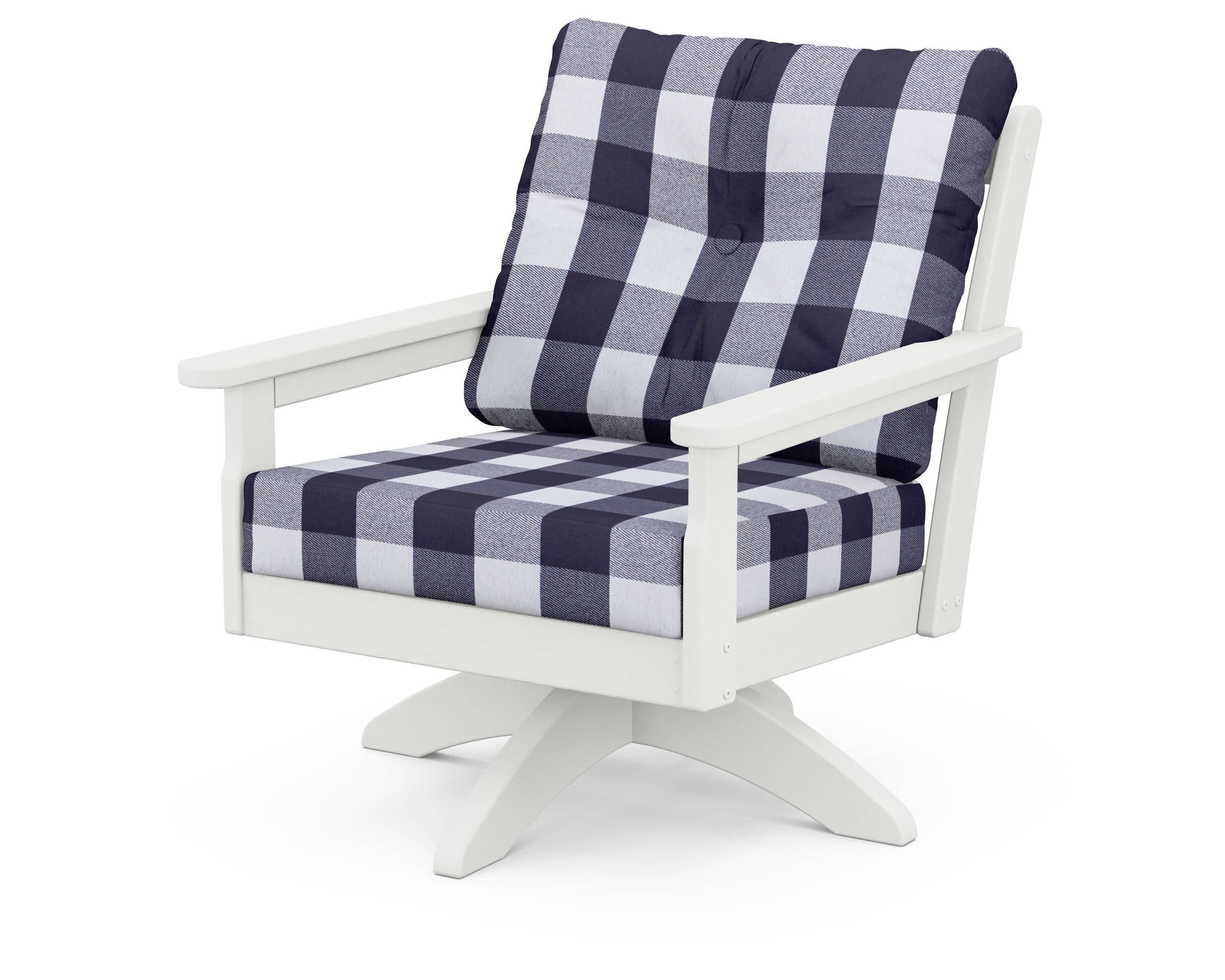 Vineyard Deep Seating Swivel Chair in Vintage White / Buffalo Plaid Navy