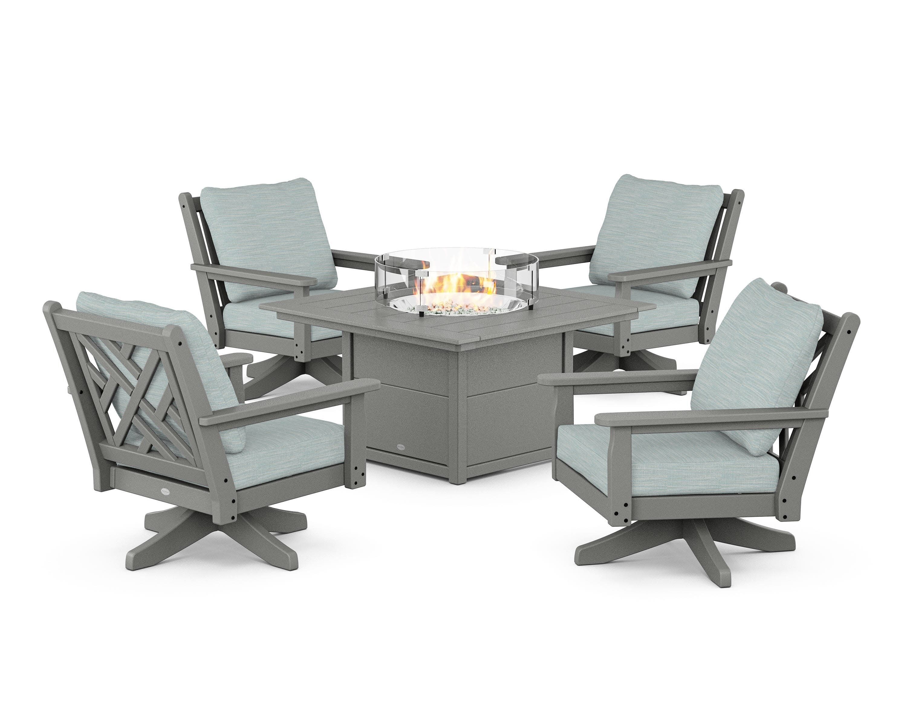 Chippendale 5-Piece Deep Seating Swivel Conversation Set with Fire Pit Table in Slate Grey / Soothe Mist